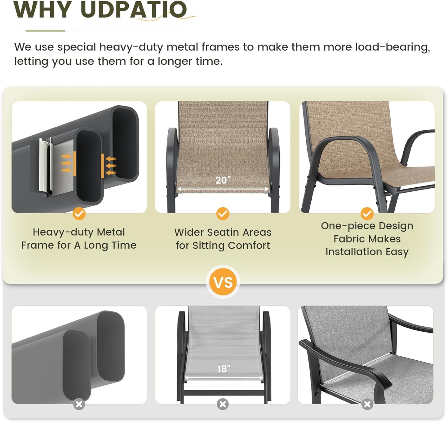 UDPATIO Patio Chairs Set of 8, Stackable Outdoor Dining Chairs with High Back, Breathable Textilene Fabric Outdoor Chair All Weather, 350LBS Capacity for Garden, Backyard (Brown)