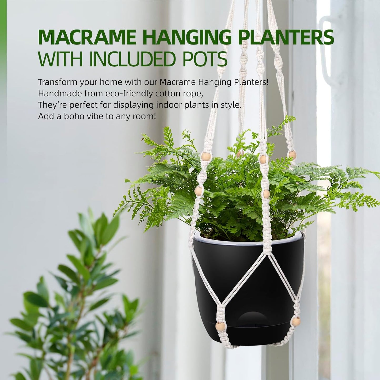 2-Pack 5.7-Inch Self-Watering Hanging Planters for Indoor & Outdoor Plants,34Inch Macrame Hanger Plant Pots Indoor with Drainage,Small Hanging Planters & Baskets,With Two Sets of Hooks(Pure black)