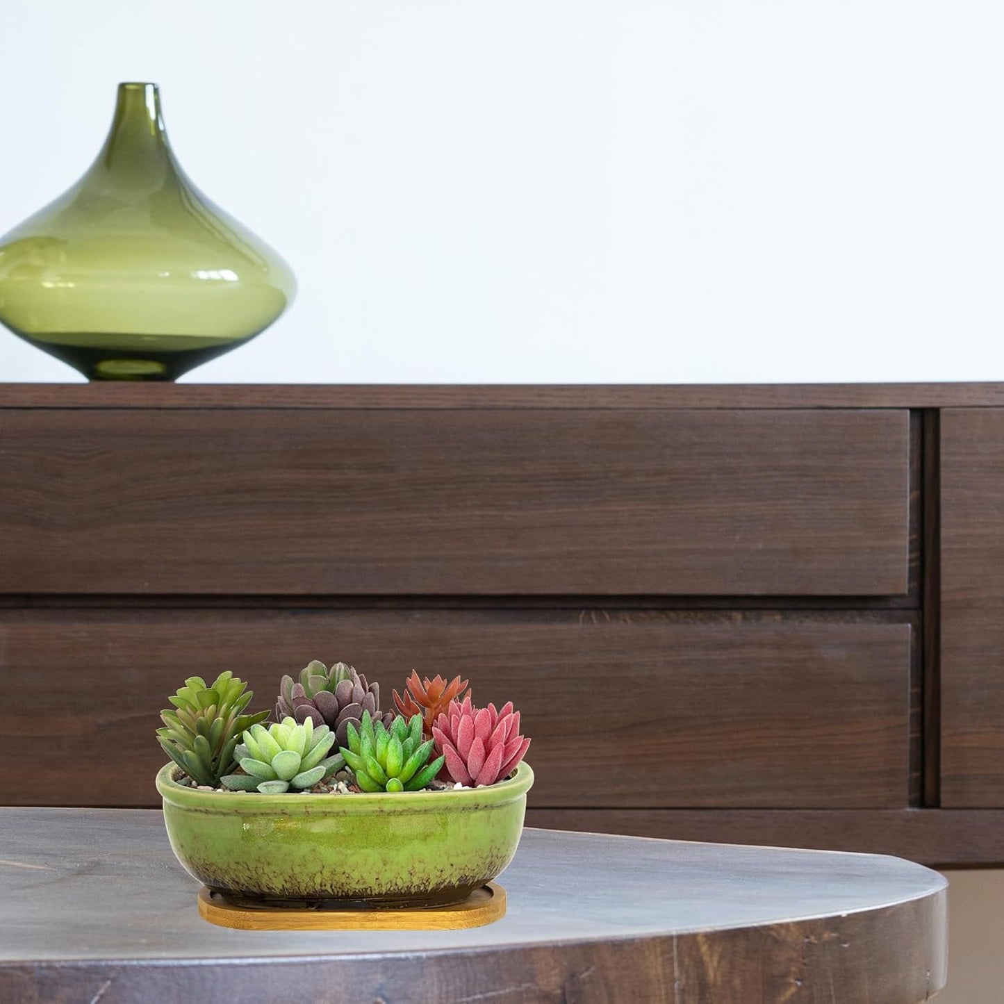 Succulent Pots, 7.9 Inch Long Rectangular Succulent Planters with Drainage Tray, Shallow Planters for Indoor Plants Ceramic Cactus Pots Glazed Bonsai Flower Plant Container for Home Windowsill Decor