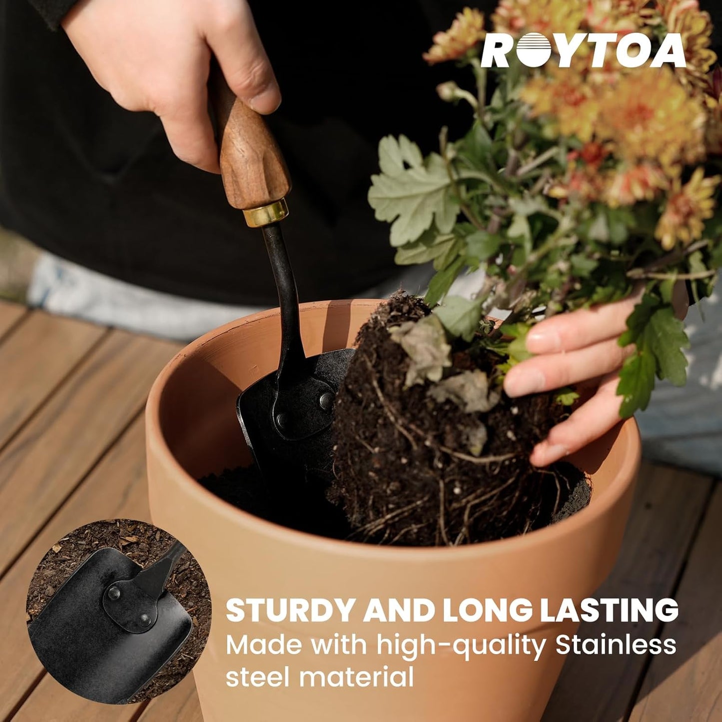 Garden Tool Set,5Pcs Gardening Tools,Stainless Steel Heavy Duty Hand Cultivator, Hoes,Shovel, Trowel and Weeder with Ergonomics Walnut Handle,Gardening Gifts for Women