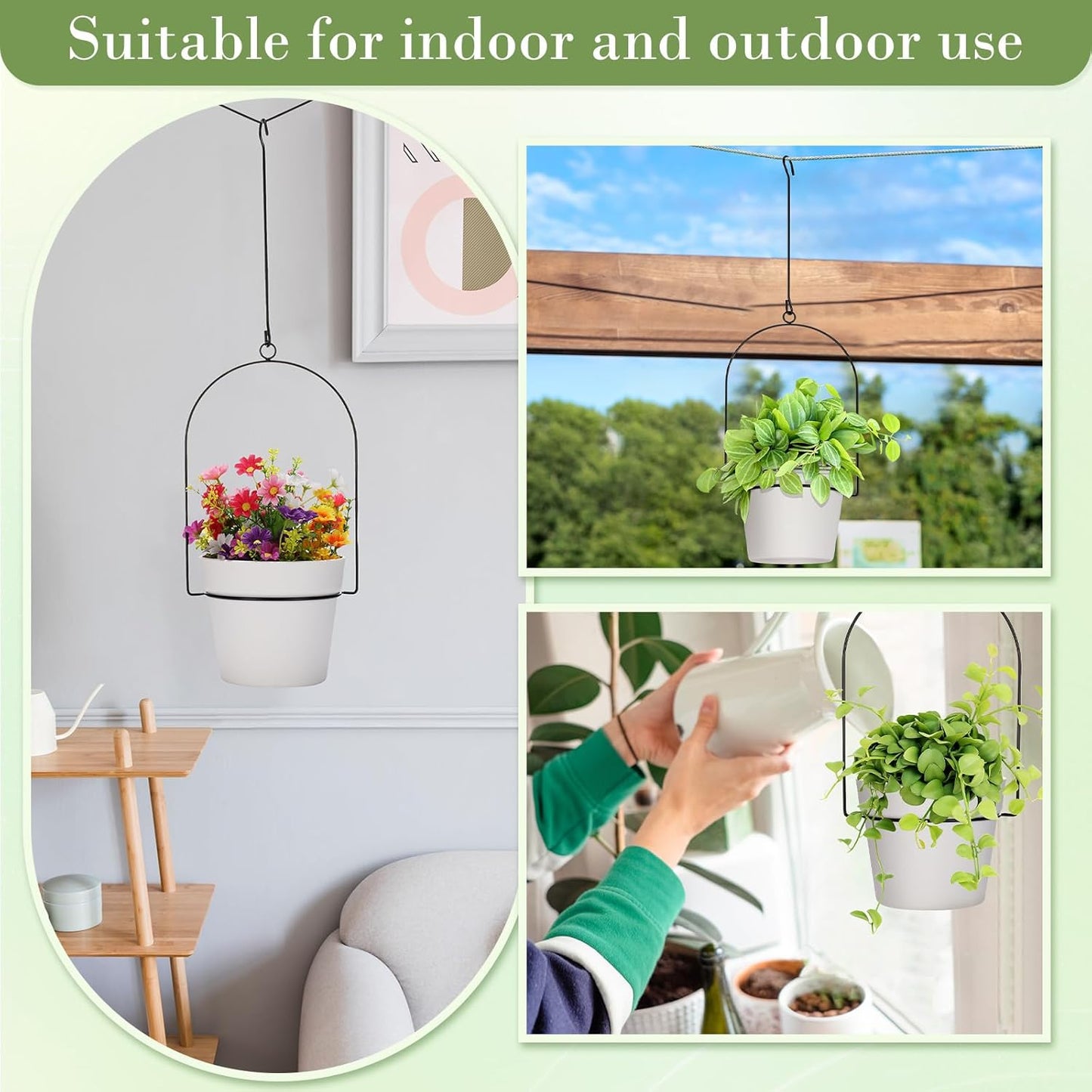 Hushee 6 Packs Metal Hanging Planters for Outdoor Indoor Plants Plant Hanger with 6.3'' Plastic Pots Hanging Planter Basket for Garden Home Porch Decor (White)