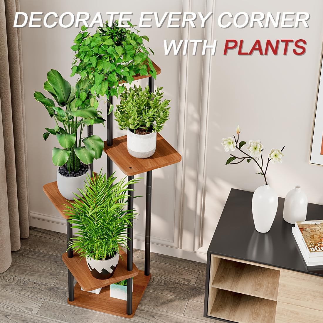 AZERPIAN Plant Stand 5 Tier Indoor Metal Flower Shelf for Multiple Plants Corner Tall Flower Holders for Patio Garden Living Room Balcony Bedroom, Walnut (5 Tier-Walnut)
