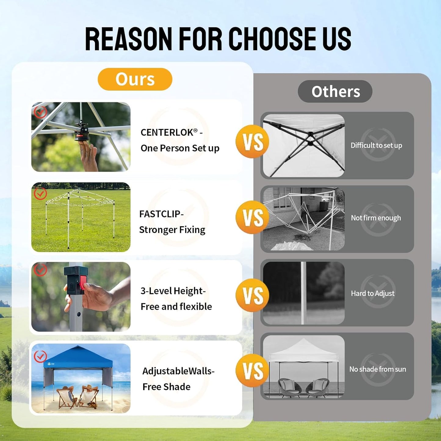 CROWN SHADES Canopy Tent, 10 x 10 Foot Portable Pop Up Outdoor Shelter with 2 Half Sidewalls, 1 Push Center Lock, UV Protection, and Carry Bag, Blue