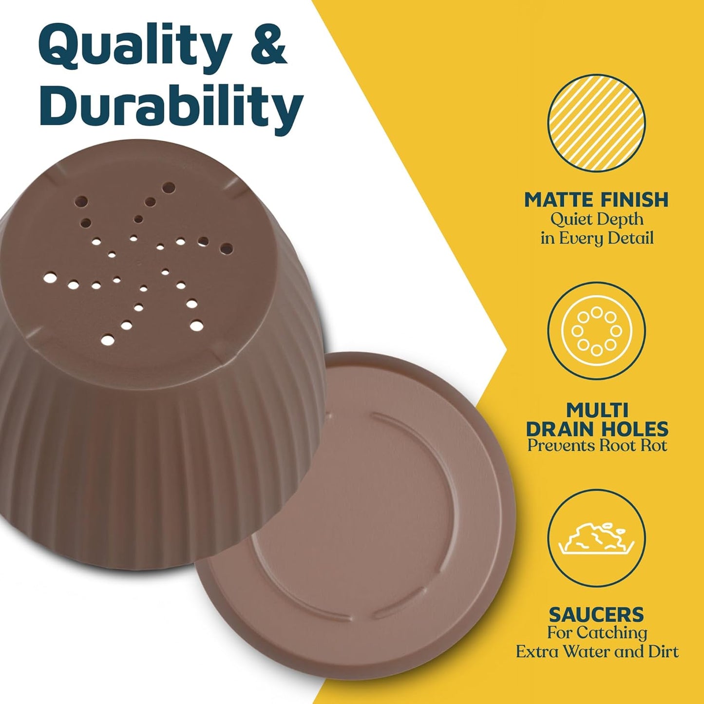 Brown 6-Inch Plant Pots with Drainage & Saucers 12 Pack, Indoor & Outdoor Planters for Houseplants, Herbs, and Flowers, Durable & Weatherproof Material, Stackable, Lightweight, Minimalist Design