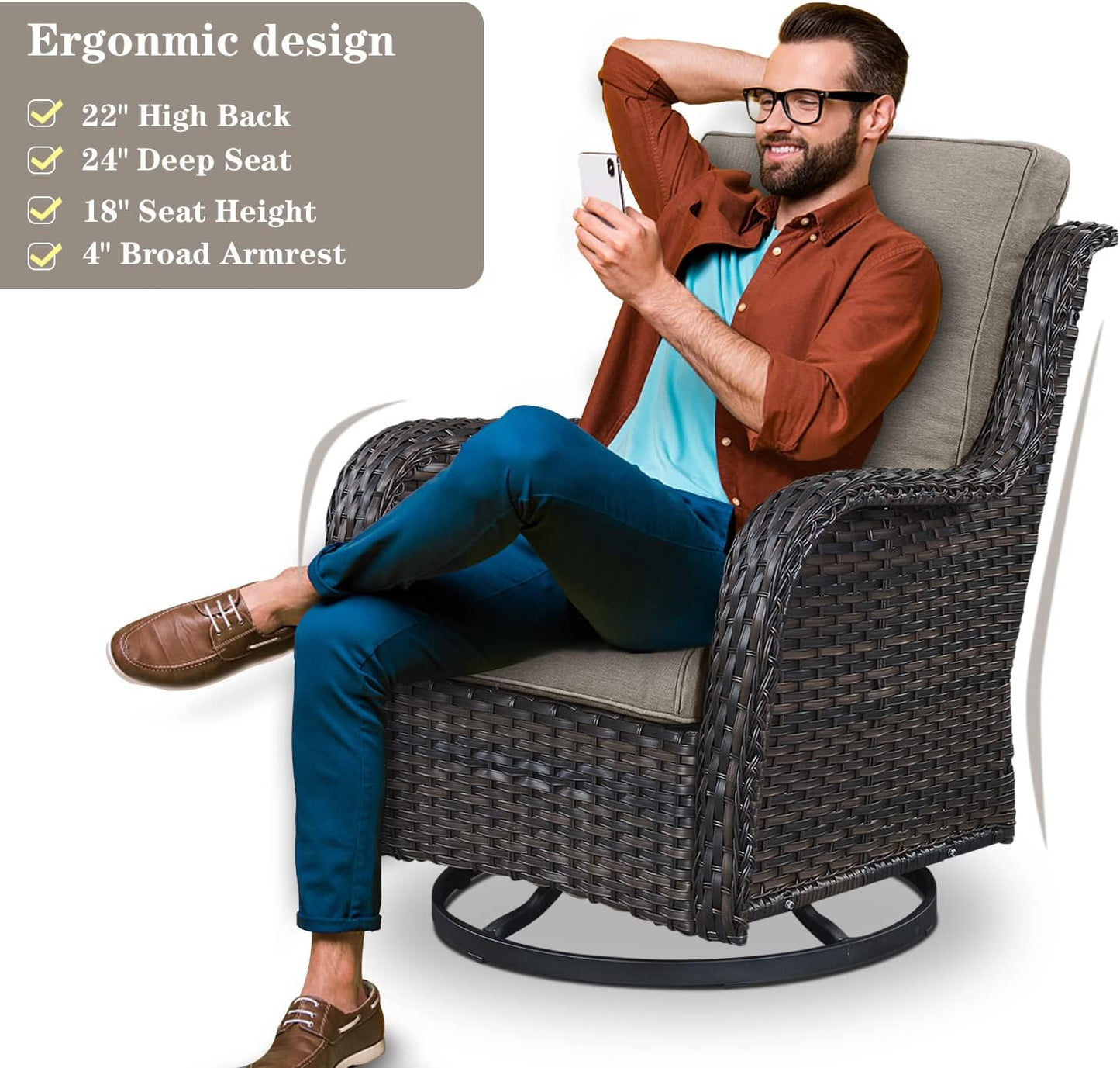 Outdoor Wicker Furniture Patio Set - 7 Piece Backyard Furniture Brown Rattan Conversation Sets with Swivel Rocker Chairs, Rattan Sofa, Club Chairs and Coffee Table, Grey Cushion