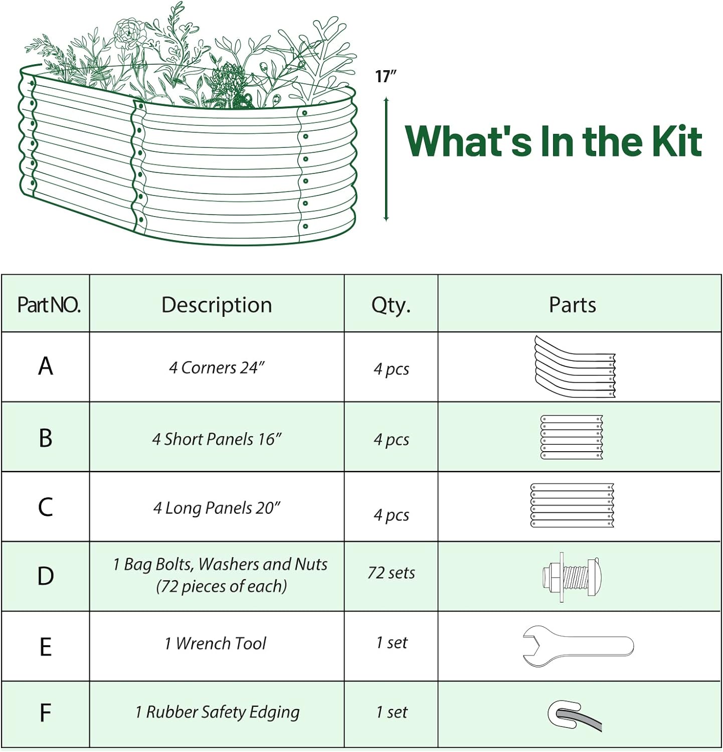 Olle 17" Tall Raised Garden Bed Kit Fruits Vegetables Flowers Planter Box 12-in-1 Galvanized Planter Boxes for Outdoors Size 5X5 Feets 8X2 Feets, Midnight Grey 17" Tall