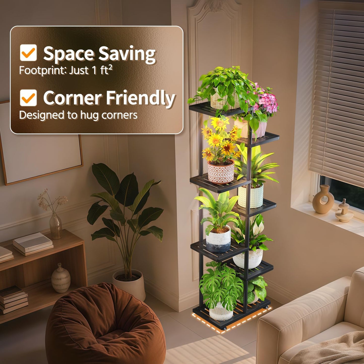 LASZOLA 6 Tier Plant Stand Indoors Outdoors with Light for Large Heavy Duty Planter, Black Metal Tall Flower Holder Rack for Modern House Corner, Vertical Iron Organizer with Multiple Rustic Shelf