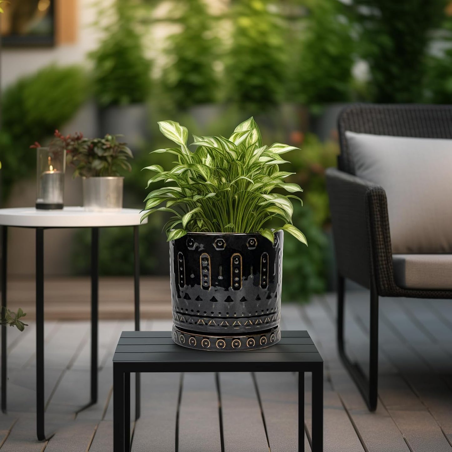 Ceramic Pot for Plants - 8 Inch Plant Pots Indoor with Drainage Hole and Saucer, Decorative Round Planter Outdoor, Boho Ceramic Planter for Flower, House Garden Decor, Gardening Gifts, Black