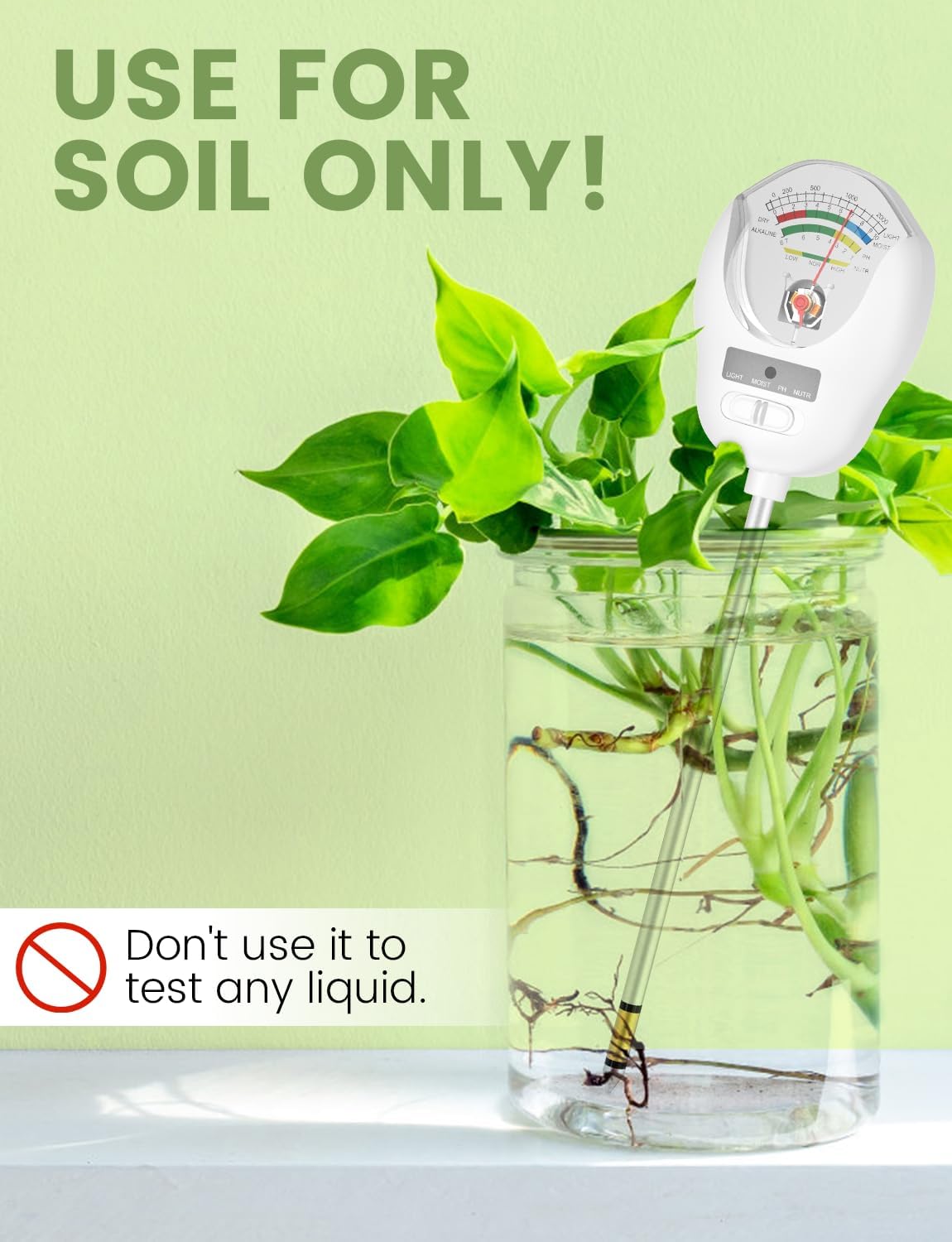 4-in-1 Soil Test Kit, Soil Moisture Meter, pH Meter, Light & Nutrient Tester for Indoor/Outdoor Plants, Garden, Farm, Lawn Care-No Battery Needed (4-in-1 Soil Test)