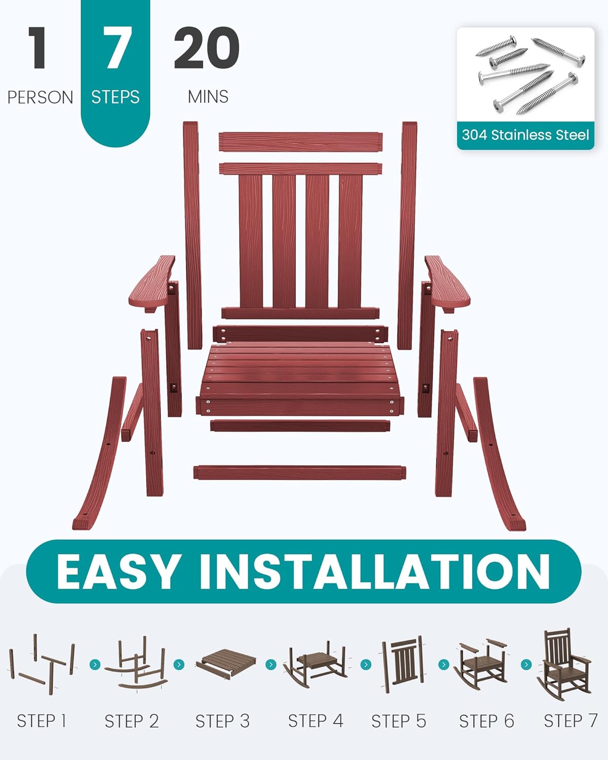 SERWALL Oversized Outdoor Rocking Chair Set of 4, HDPE Rocker for Adults, Patio Rocking Chairs for Porch, Crimson Red