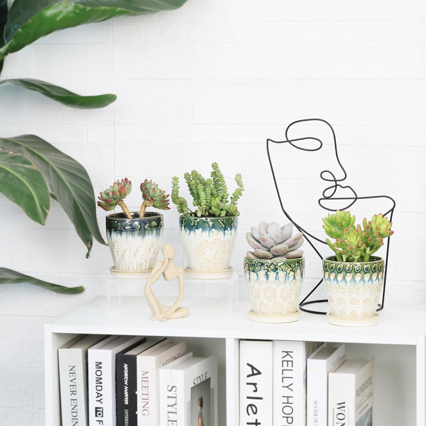 Succulent Planter 4 inch, Succulent Pot with Drainage Holes, Saucers and Mesh Pads for Indoor Plants, Ceramic Pot for Indoor Plants- Set of 4