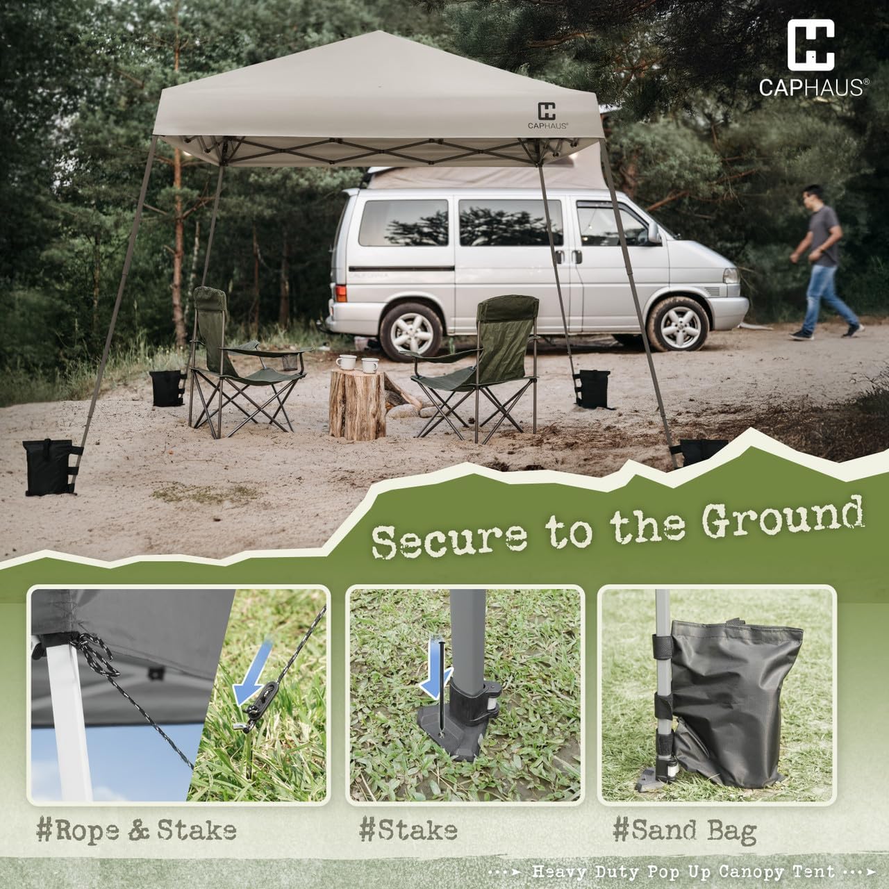 CAPHAUS One-Push Pop Up 8x8 Canopy Tent, Heavy-Duty Commercial Grade with Central Lock, Portable Instant Folding Shelter with10x10 Base, Perfect for Outdoor Beach Canopy, Dark Grey