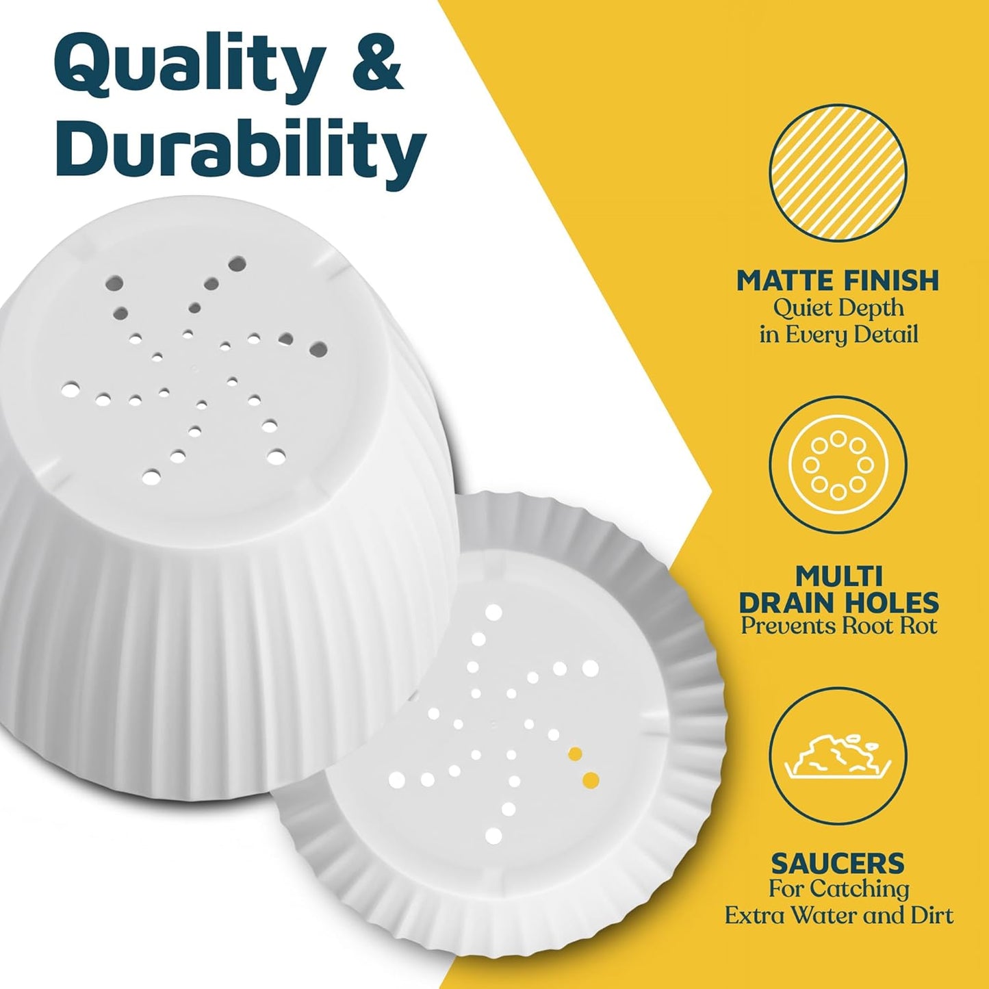 White 6-Inch Plant Pots with Drainage & Saucers 12 Pack, Indoor & Outdoor Planters for Houseplants, Herbs, and Flowers, Durable & Weatherproof Material, Stackable, Lightweight, Minimalist Design