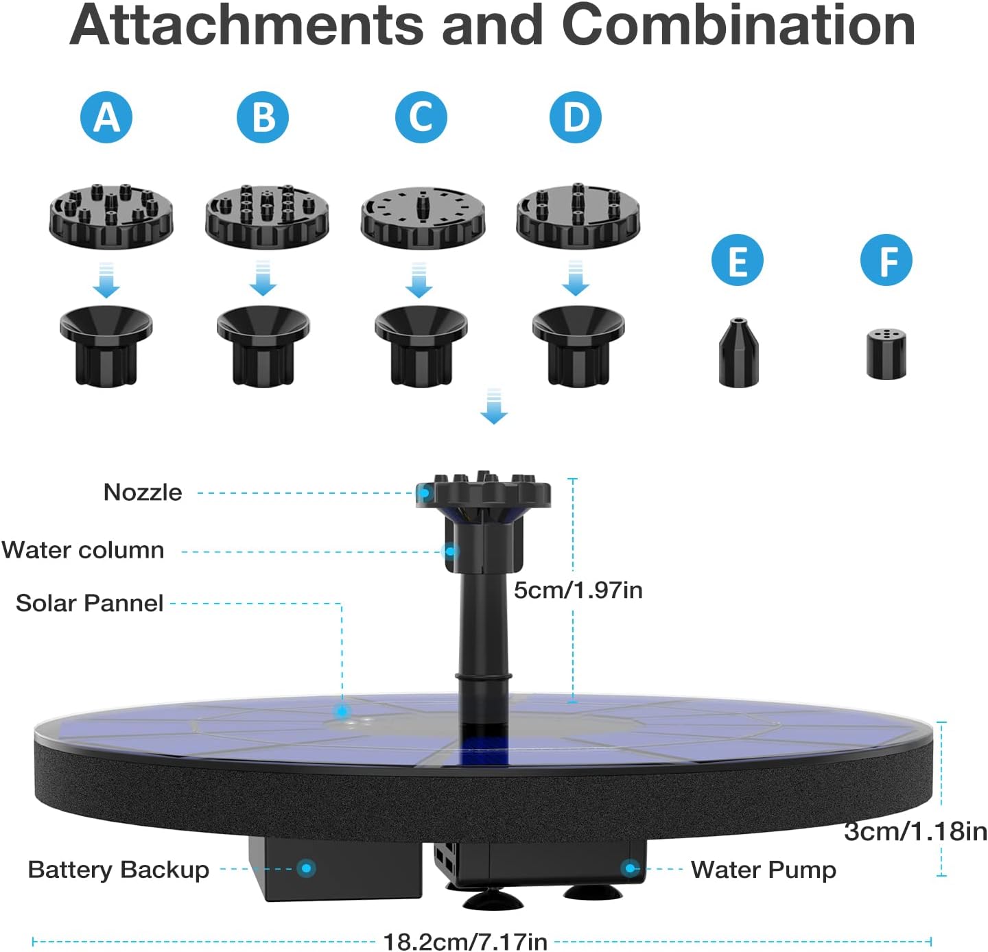 AISITIN Solar Fountain with 3.5 W Solar Panel, 1500 mAh Battery - 6 Effects for Pool, Fish Pond, Bird Bath, Garden