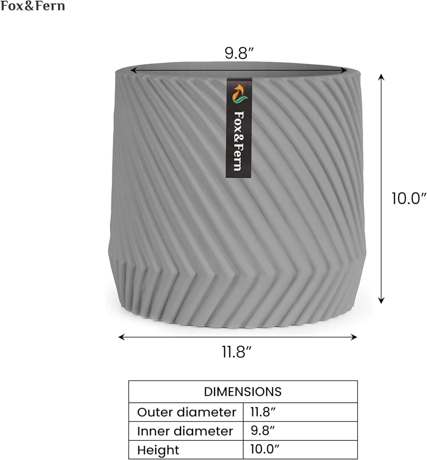 Fox & Fern Large 12 Inch Planter — Premium Polystone Gray Plant Pot with 3D Texture and Drainage Plug; 12 Inch Pots for Plants Indoor; Large Planter for Indoor & Outdoor Plants