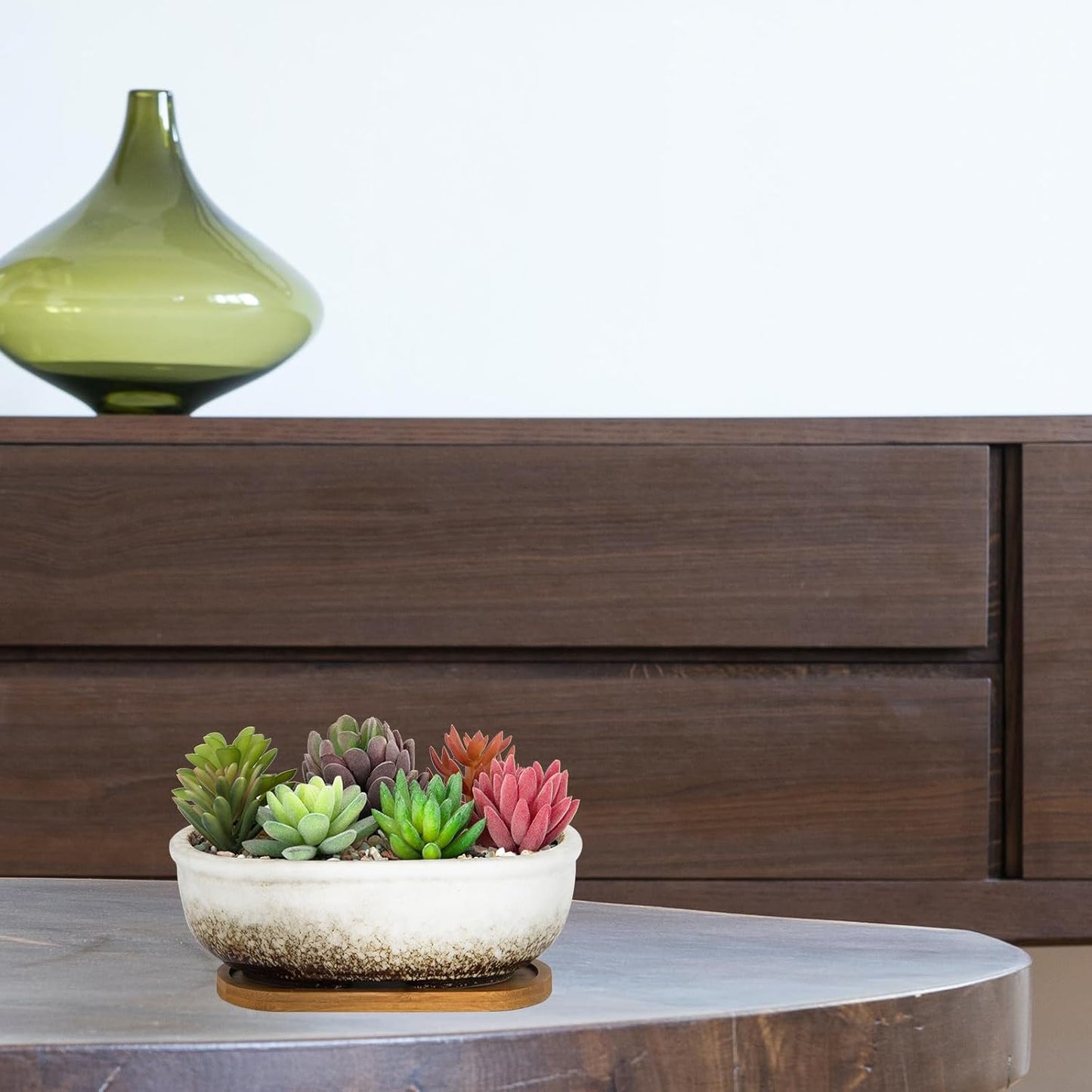 Succulent Pots, 7.9 Inch Long Rectangular Succulent Planters with Drainage Tray, Shallow Planters for Indoor Plants Ceramic Cactus Pots Glazed Bonsai Flower Plant Container for Home Windowsill Decor