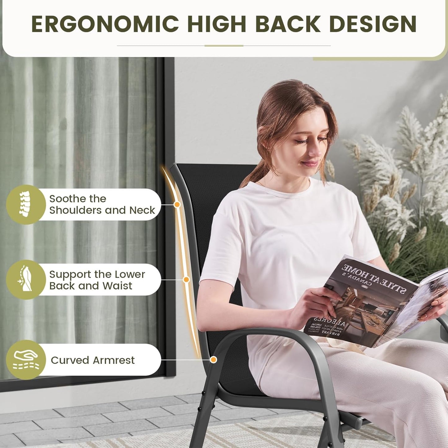 UDPATIO Patio Dining Set of 7, Outdoor Table and Chairs Set with Square Metal Table, 6 Stackable Patio Chairs with High Back, Outdoor Furniture for Deck Garden Backyard Lawn Poolside (Black)