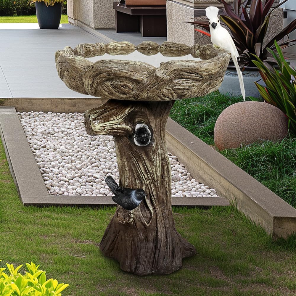 23" H Concrete Birdbath for Outdoor Garden with a Fake Bird Decor - Freestanding Trunk Like Bird Bath for Outside Garden Patio or Yard Decor
