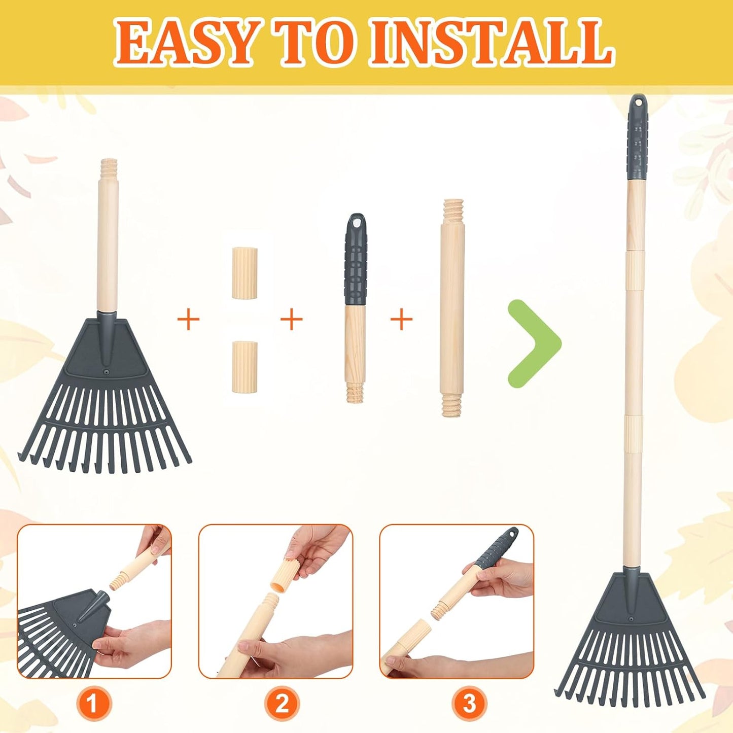 Therwen 8 Pcs Kids Rake 31" Child Size Plastic Lawn Rakes for Leaves Small Rake with Plastic Head and Wooden Handle Toddler Kid Gardening Tools for Leaves Gardening Camping(Dark Gray)