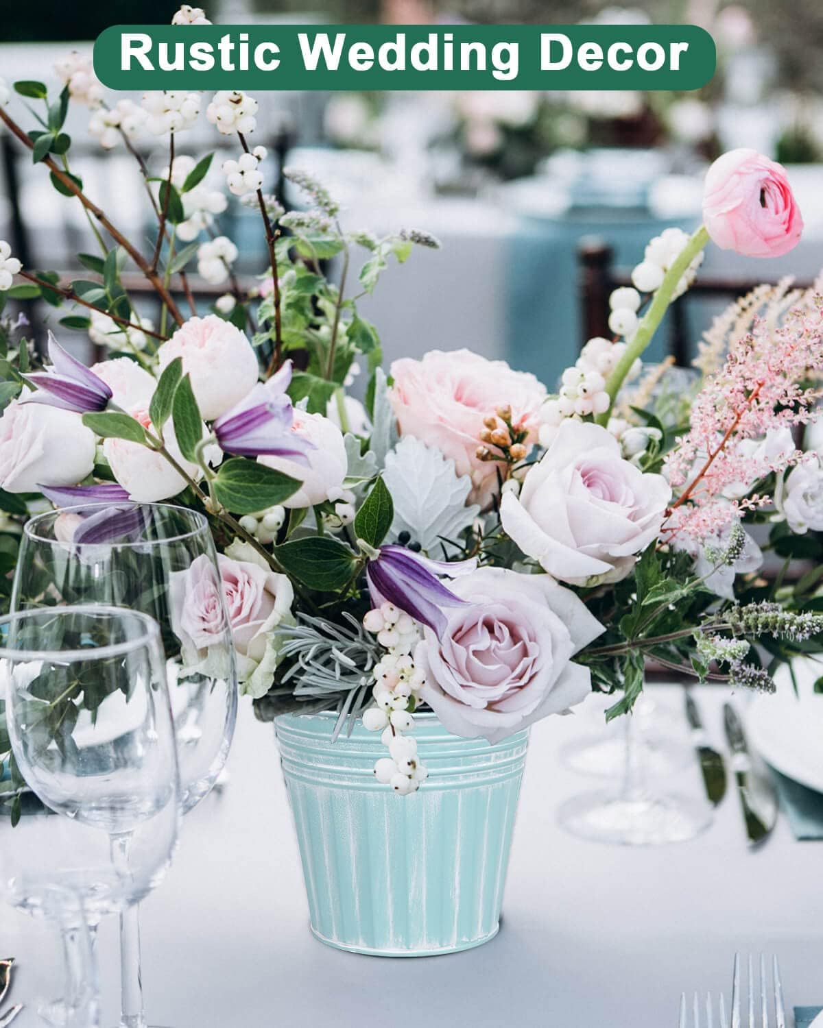 vensovo 6 Inch Cyan Blue Metal Rustic Flower Pots - 6Pcs Galvanized Planters with Drainage Hole and Rubber Plug, Rustproof Metal Bucket Plant Pots Farmhouse Vintage Style for Decor