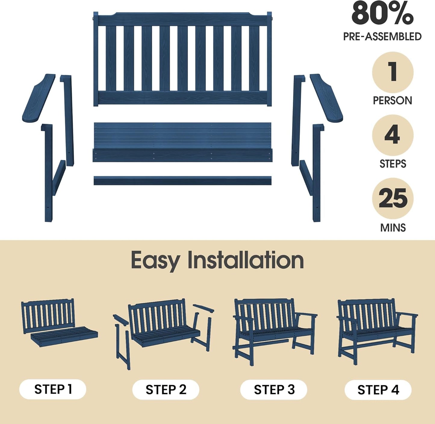 Ciokea 46" Heavy Duty Outdoor Bench Set of 2, HDPE Weatherproof Garden Bench, 2-Person Memorial Benches with 660 Lbs, Waterproof Patio Porch Benches for Outside Business Office Backyard, Navy Blue