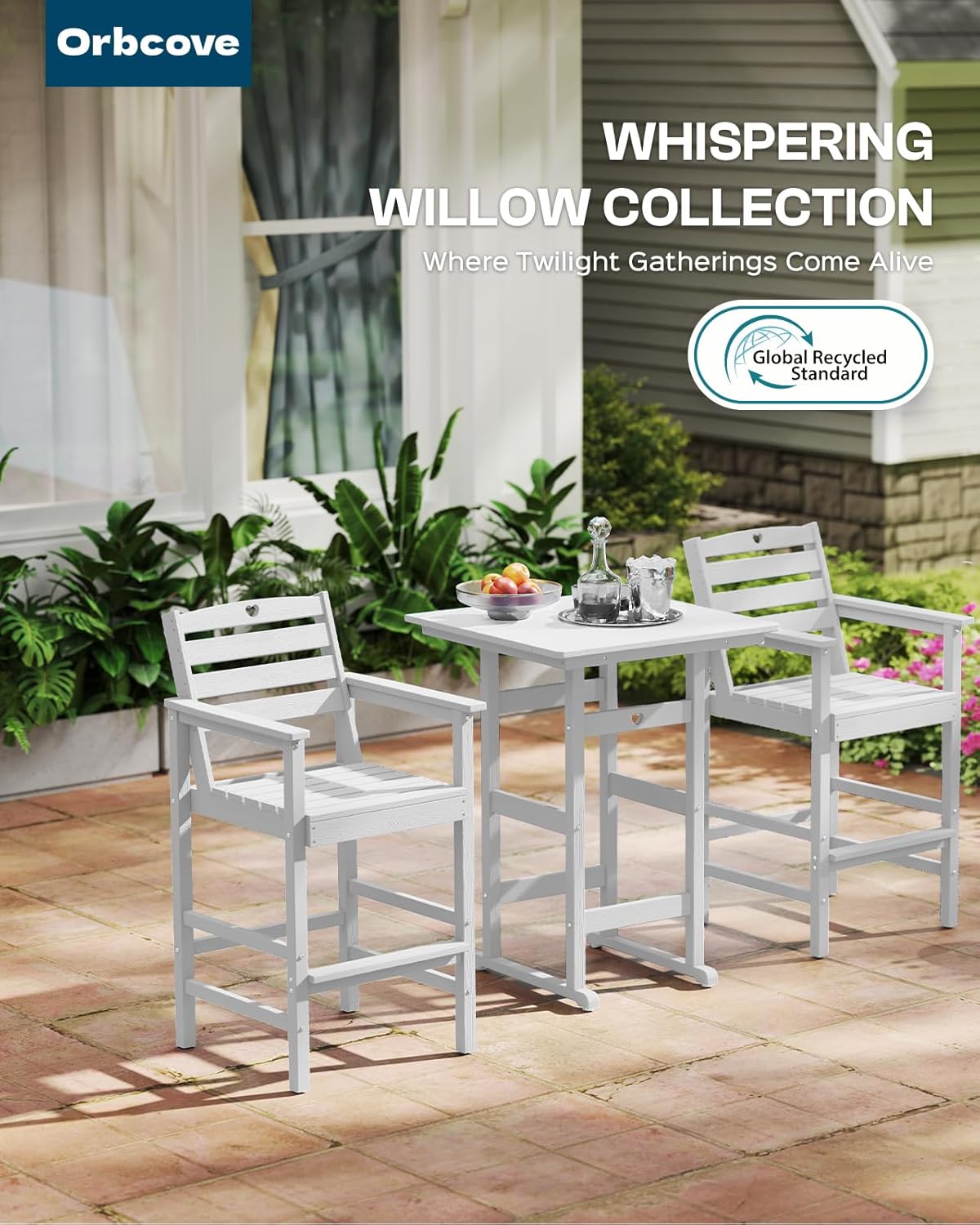 Tall Adirondack Chairs Set of 2, HDPE Wood Balcony Adirondack Chairs Set with Heart Cutout Design, Weather-Resistant Bar Height Furniture for Deck, Porch, Pool (White)