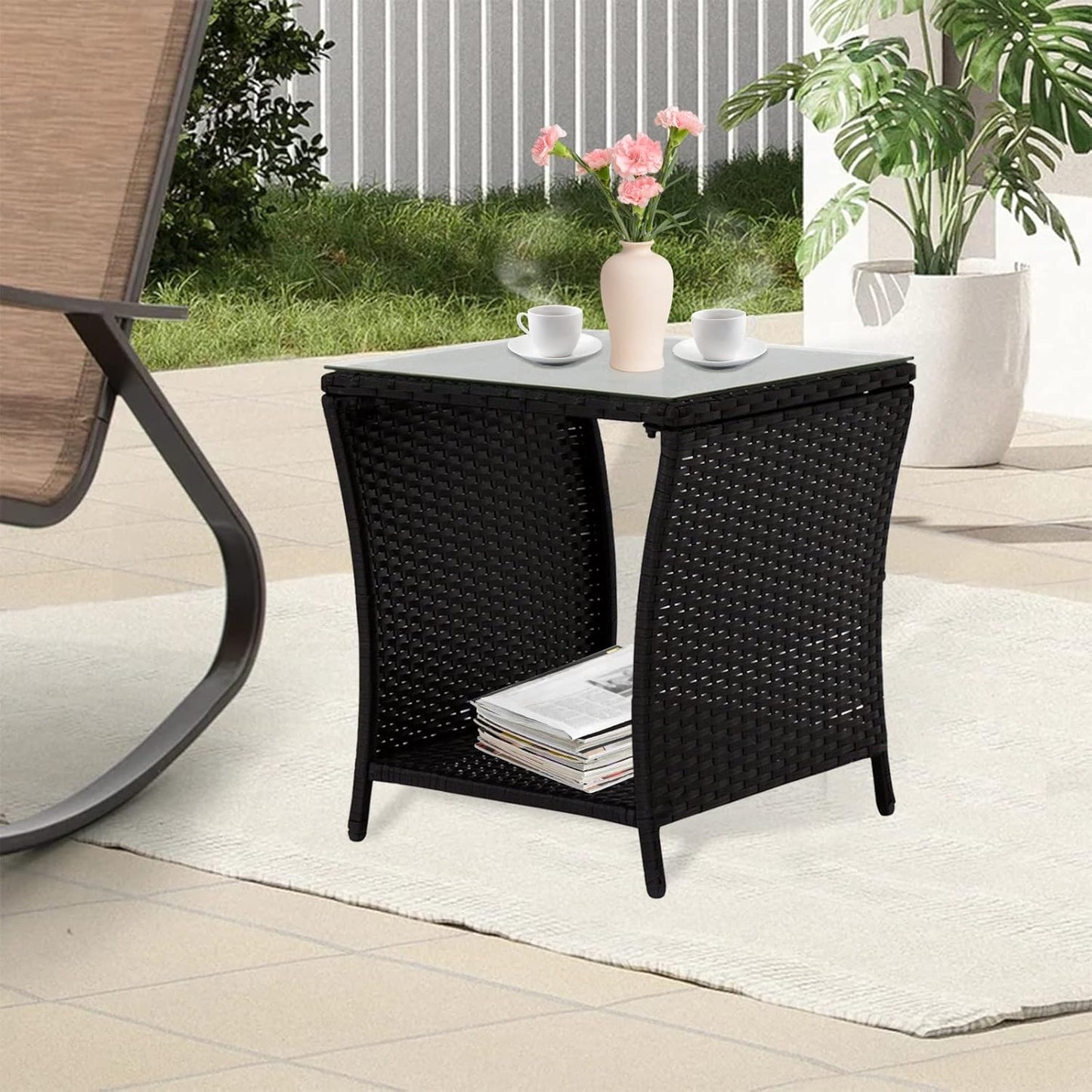 Outdoor Small Patio Table - PE Rattan Coffee Table, Wicker Side Table for Patio, Balcony & Porch, Durable & Iron Frame (1, Dark Black)