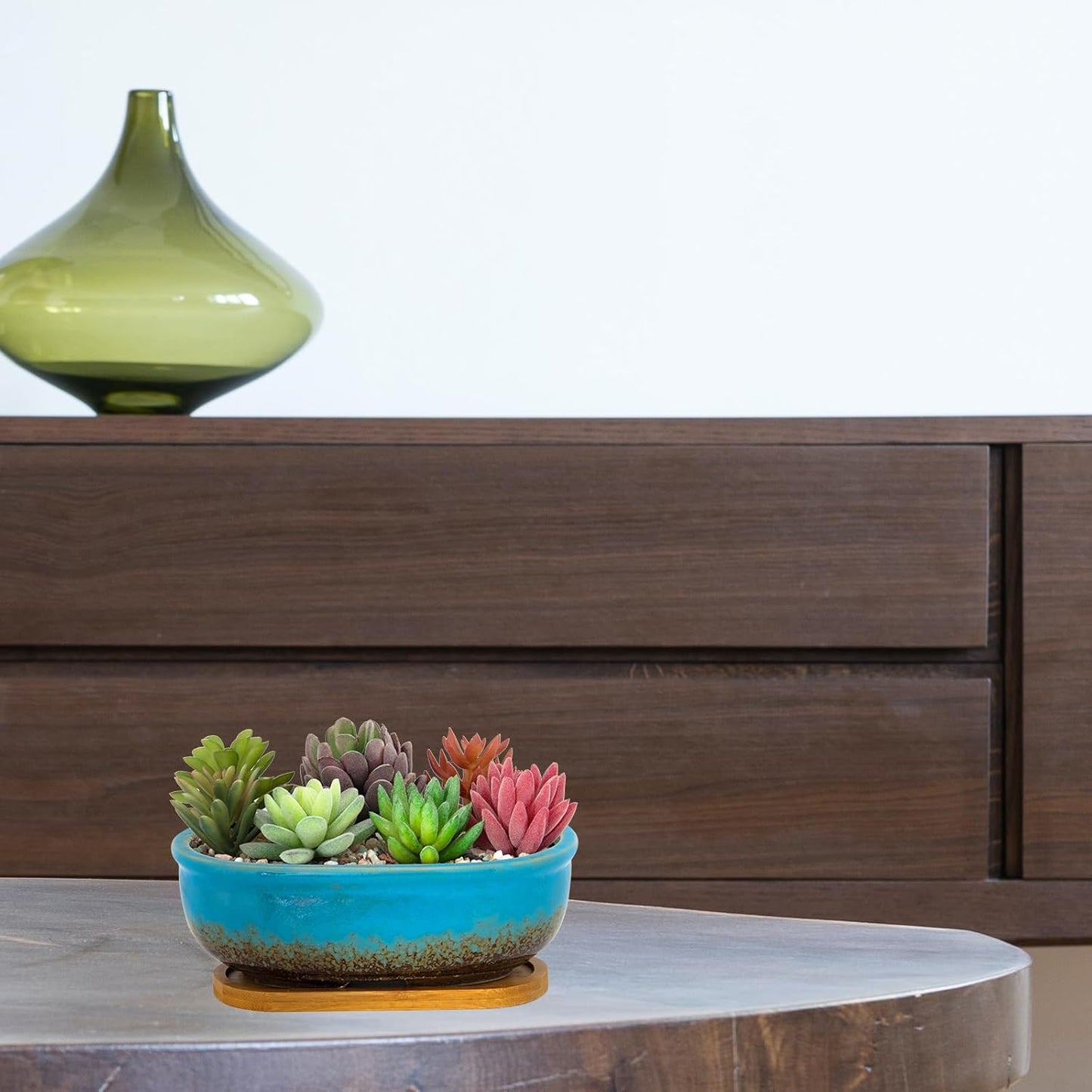 Succulent Pots, 7.9 Inch Long Rectangular Succulent Planters with Drainage Tray, Shallow Planters for Indoor Plants Ceramic Cactus Pots Glazed Bonsai Flower Plant Container for Home Windowsill Decor