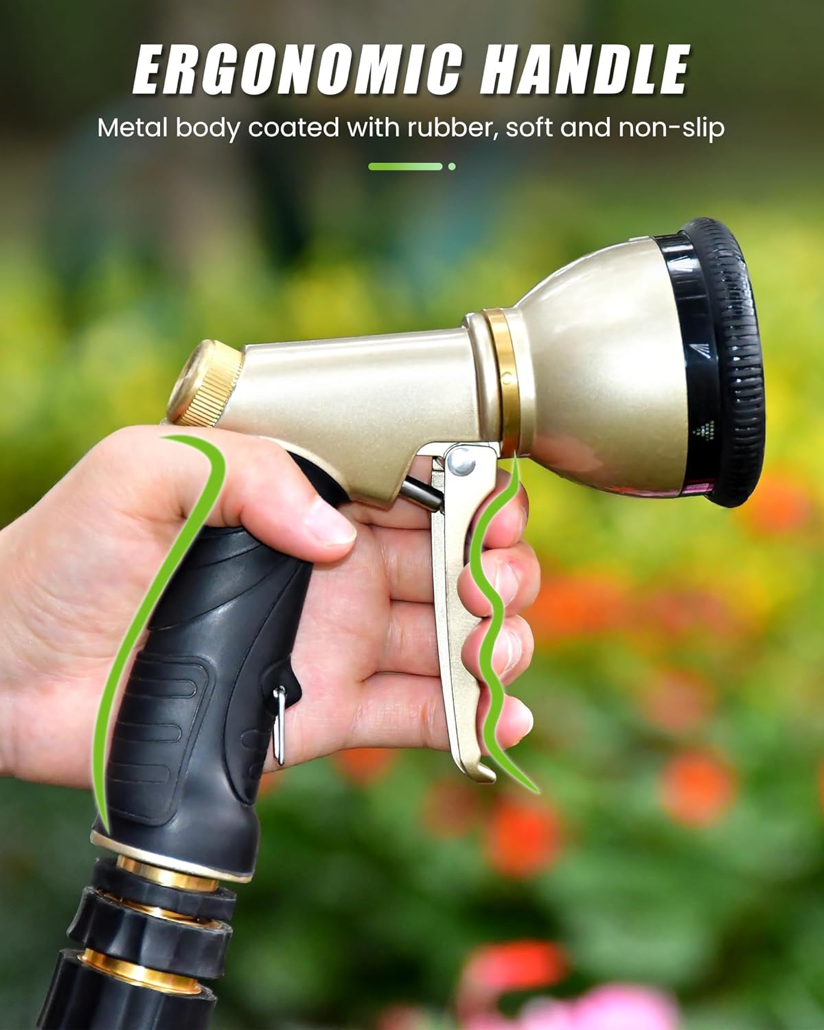 RAINPOINT Garden Hose Nozzle, Hose Sprayer Nozzle with 9 Spray Patterns, High Pressure Water Hose Nozzle Heavy Duty Metal Hand Sprayer, Watering Plants and Lawn, Car Washing, Pet Showering,Green