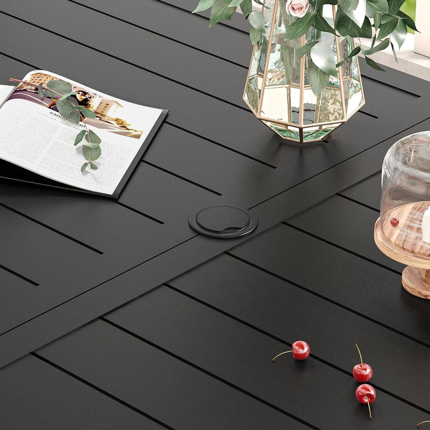 VICLLAX Patio Dining Set for 6, Outdoor Furniture Set Includes 59" Rectangle Patio Table and 6 Patio Sling Chairs, Outdoor Table and Chairs for Outsides, Black Tabletop and Red Fabric