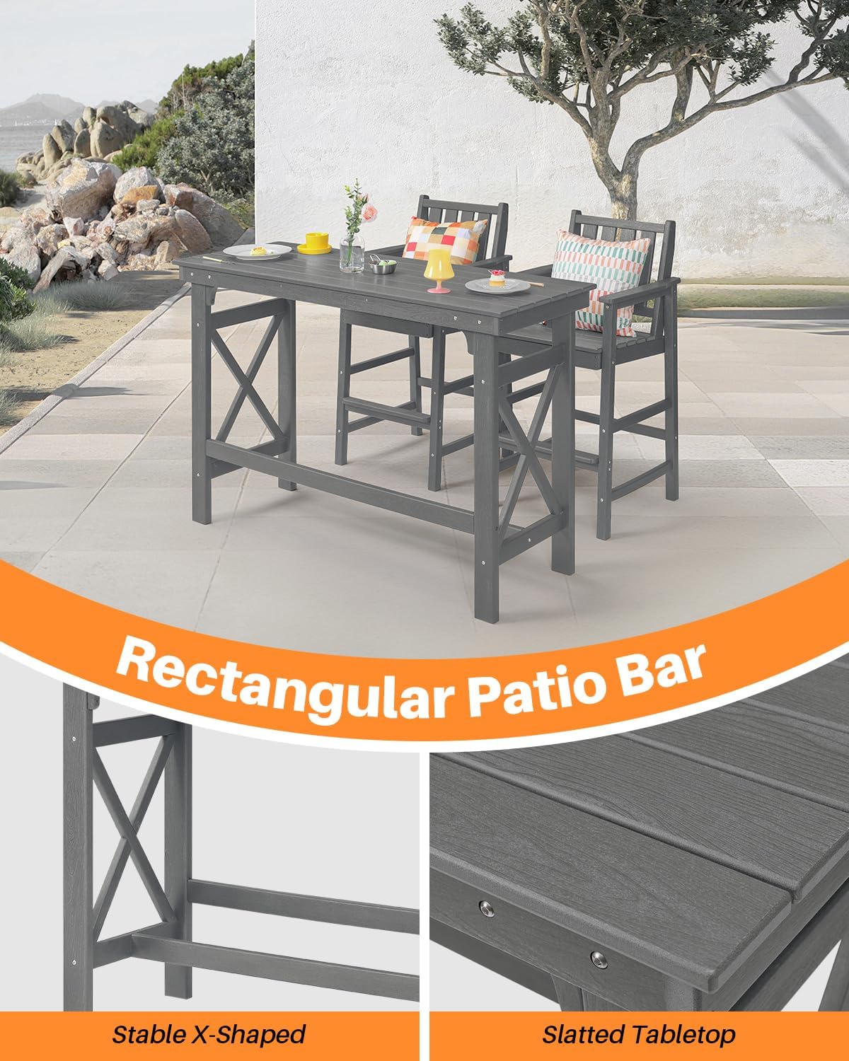41" Outdoor Bar Table, HDPE Adirondack Outdoor Bar Table, All Weather Outside Bar Counter Height Tables Balcony Furniture, HDPE Patio Bar Tables for Bistro, Deck, Porch, Poolside, Smoke Gray