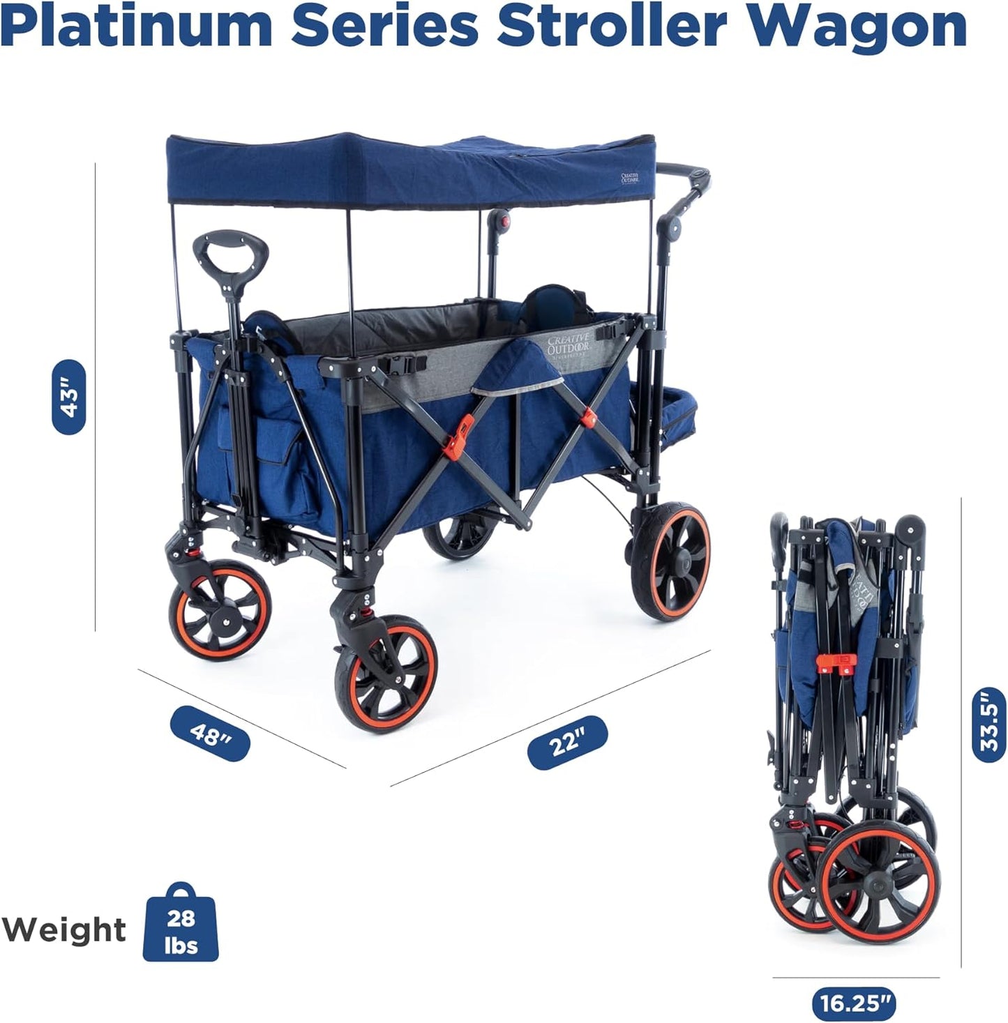 Creative Outdoor Push Pull All-Terrain Collapsible Folding Stroller Wagon for Kids, 150lbs Weight Capacity, Platinum Series, Beach, Park, Garden & Tailgate, (Navy Blue)