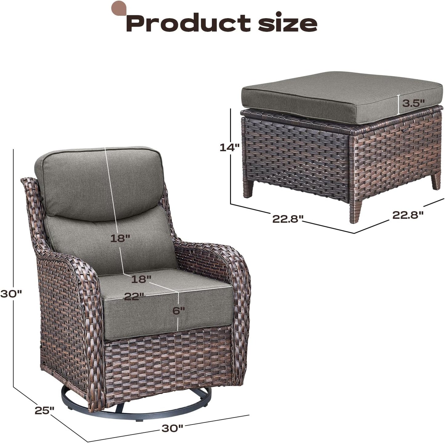 Wicker Outdoor Patio Furniture Set - 4 Piece Patio Conversation Set with Swivel Rocker Chairs and Ottomans, 6 inch Cushions, High Back, Deep Seating, for Porch Deck Garden Brown/Grey