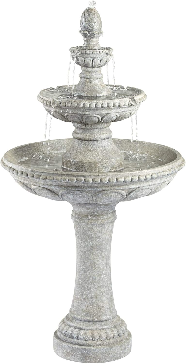 Pineapple 44" High Large Italian Outdoor Decor Old Faux Stone Floor Fountain Waterfall 3-Tier Standing Bowl Cascading Tall Water Feature for Outside Garden Patio Yard Backyard Porch - John Timberland