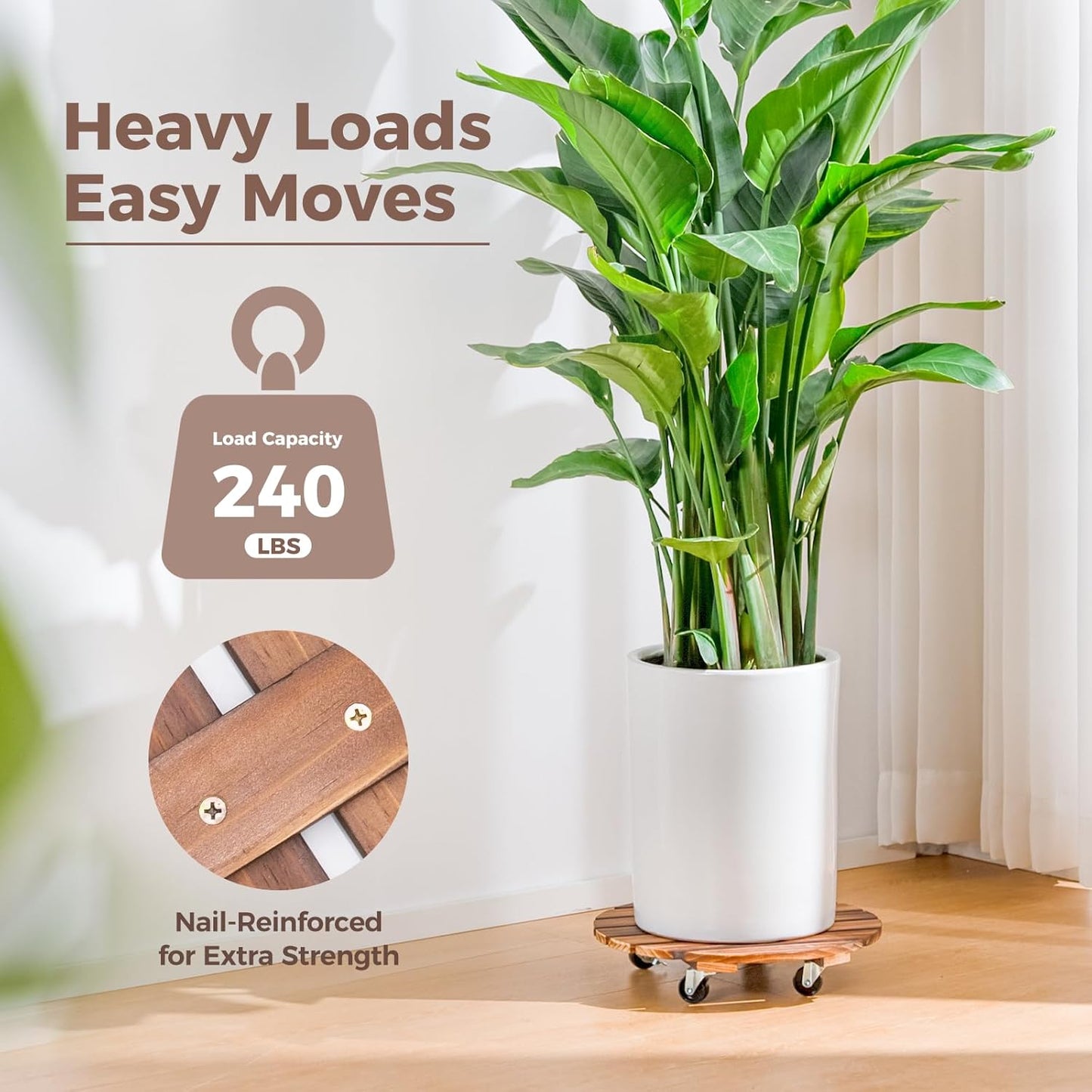 Bamworld 2-Pack 14 Inch Wood Plant Caddy with Wheels – Heavy-Duty Plant Dolly with 240 Lbs Capacity, 360° Lockable Wheels for Large Plant Pots, Heavy Objects, Ideal for Indoor and Outdoor Use