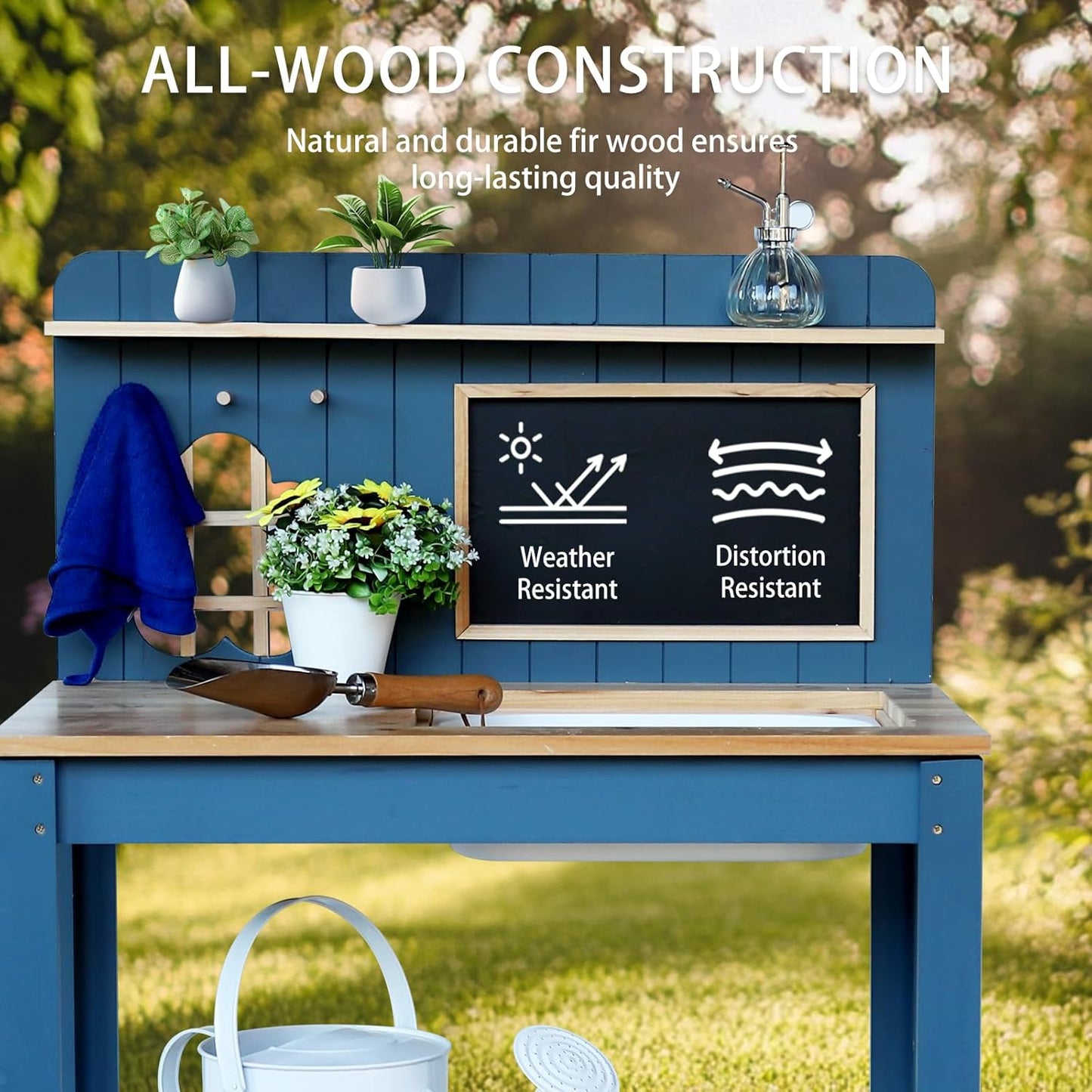 Potting Bench Outdoor Potting Table—All-Weather Kids Solid Wood Garden Work Station with Sink、Drawing Board、Shelves, Weather Proof(Blue, Large)
