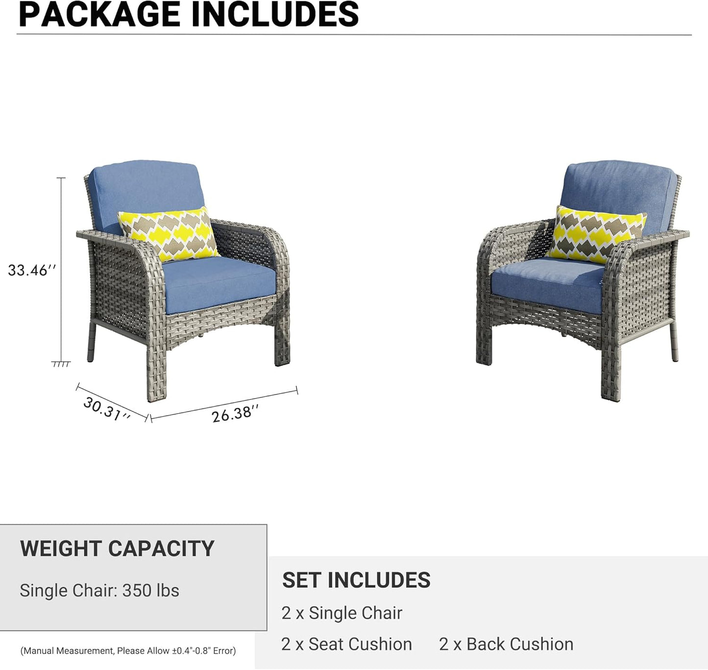 HOOOWOOO Patio Furniture Set,2 Pieces Outdoor Wicker Chairs Set,All Weather Bistro Chairs with Comfy High Back,Denim Blue