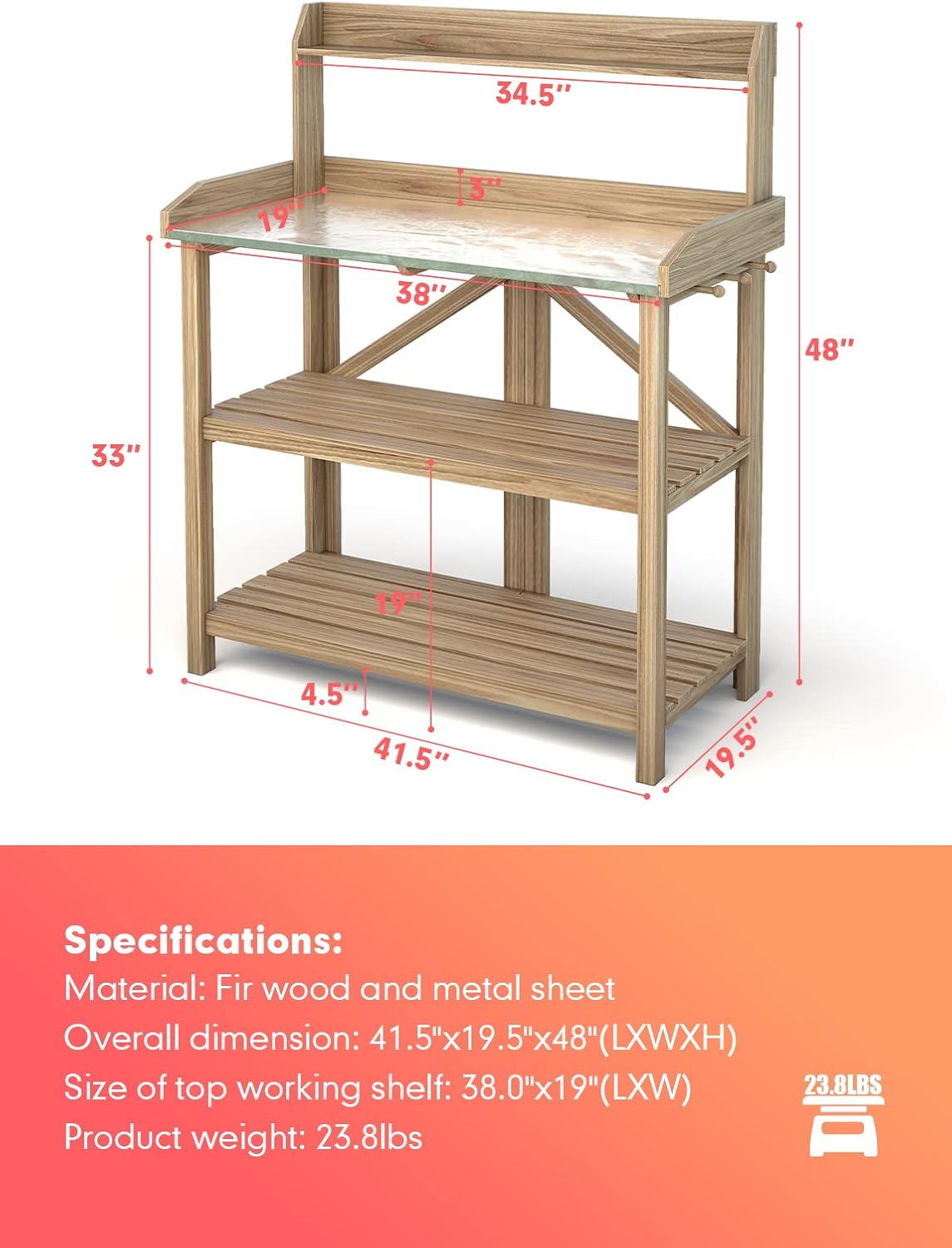 ARNOT Potting Bench, Enhanced 3-Shelf Potting Benches for Outdoors, Wooden Garden Potting Bench Tables W/Metal Tabletop & Cabinet Drawer, 3 Hooks