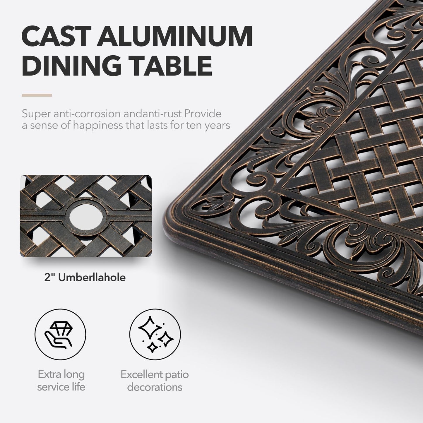 ππ’π₯π’π¬π¦ππ’π₯ 59β Patio Outdoor Dining Table for 6, Cast Aluminum Rectangle Patio Dining Table Weather Resistant with 2" Umbrella Hole for Patio Deck Garden (Bronze, 59" Classic Table)