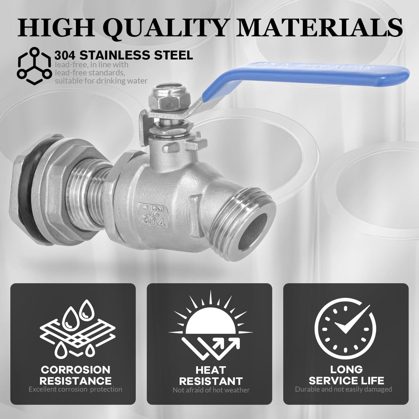 Rain Barrel Spigot Kit High Flow Water Barrel Faucet 1/2"NPT to 3/4"GHT 304 Lead-Free Compliant Stainless Steel Faucet for Rain Barrels,Rain Barrel Quarter Turn Spigot with Bulkhead Fitting