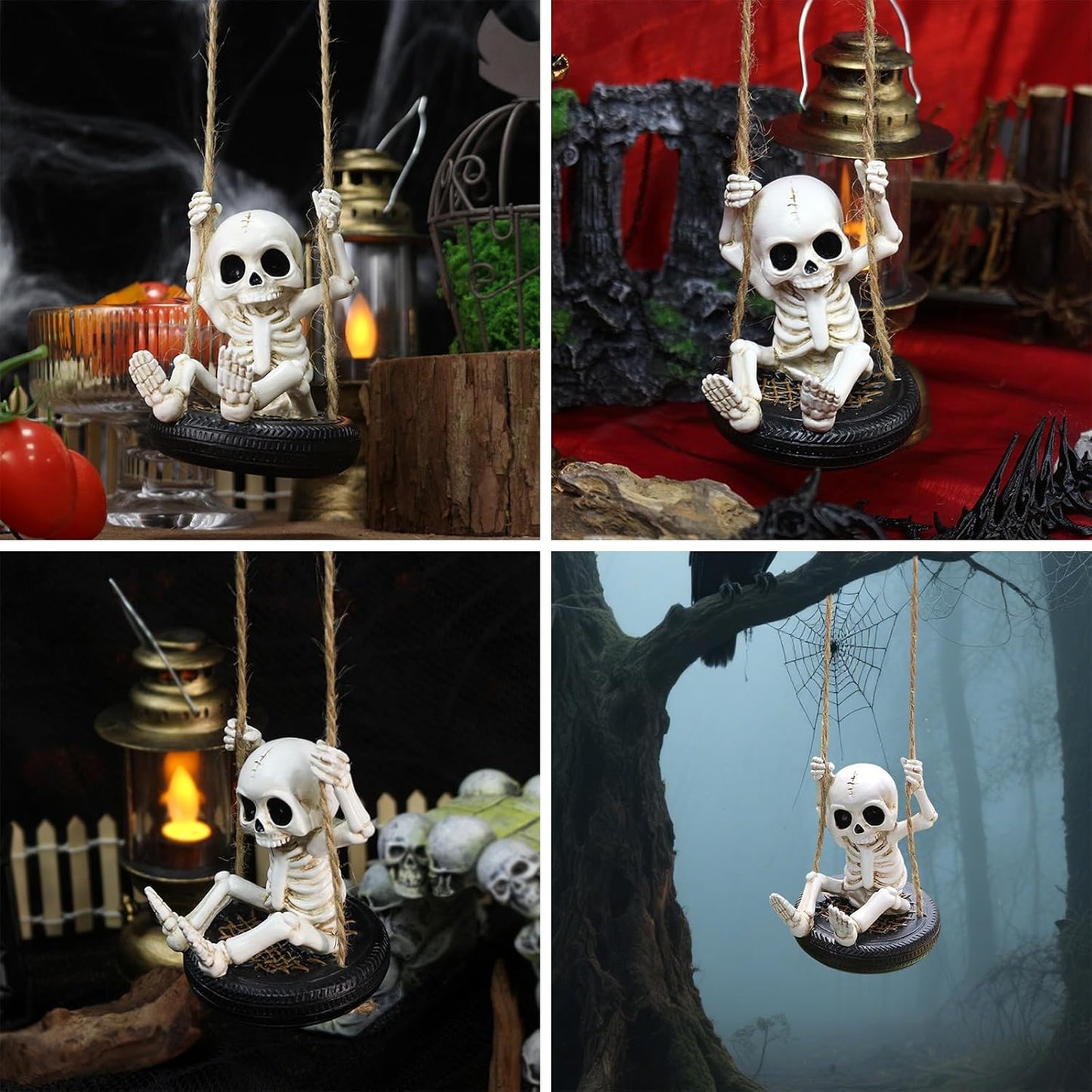 Swinging Skeleton Statue Halloween Decorations, Mini Cute Hanging Skull Swing Resin Figurine Hanging Decorations for Outdoor Garden Yard Tree Ornaments