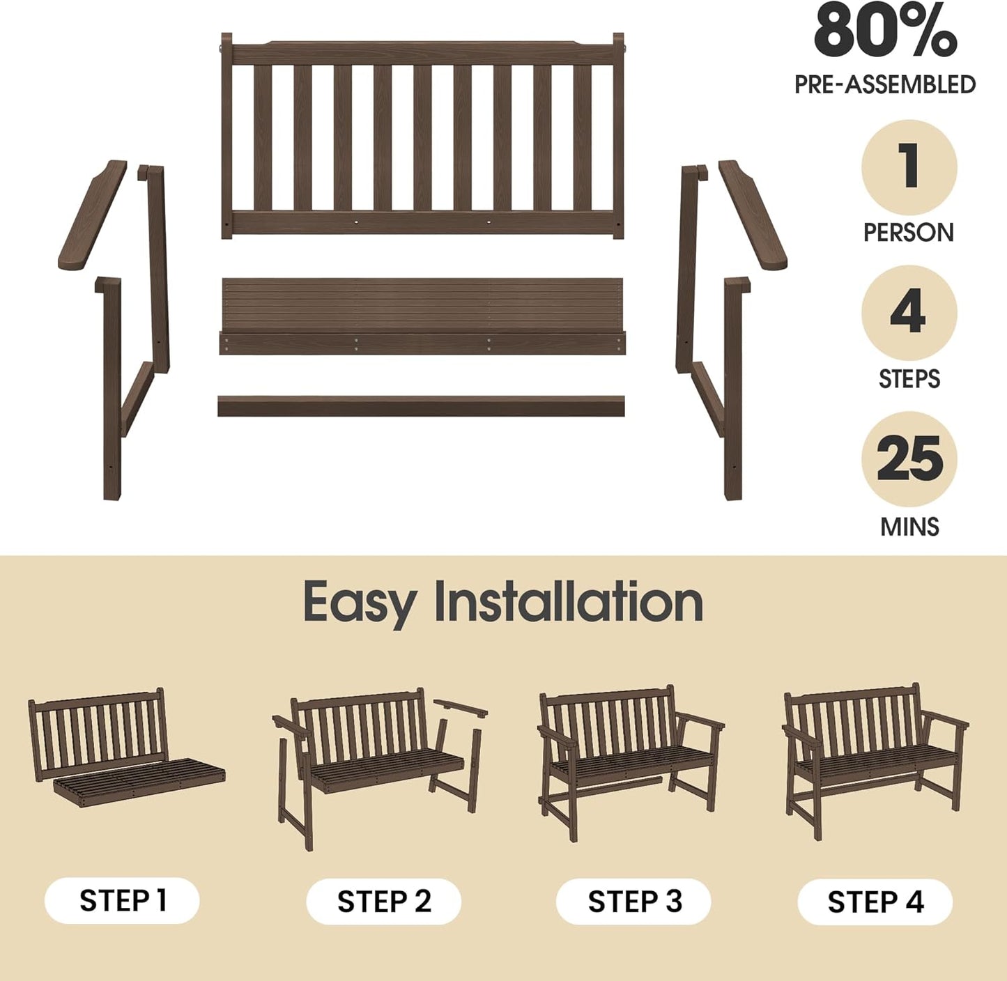 Ciokea 44" Outdoor Bench, HDPE Weatherproof Garden Bench, 2-Person Porch Benches with 550 Lbs, Waterproof Patio Benches for Outside Balcony Deck Backyard, Brown