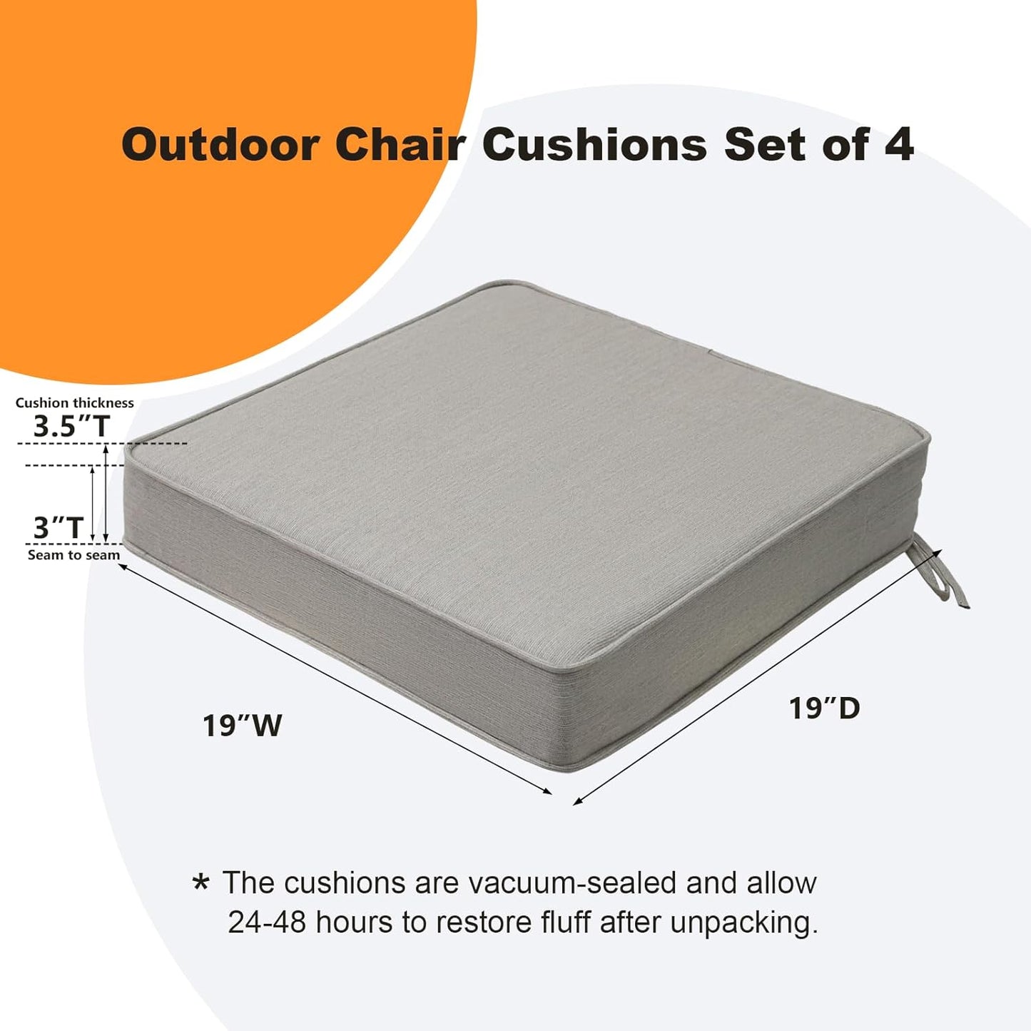 Sunbrella Square Corner Seat Cushions, 19" x 19" x 3", Set of 4, Indoor Outdoor Water Repellent Universal Chair Pads with Ties for Patio Furniture, Garden Dining Chairs, Specrtum Pebble