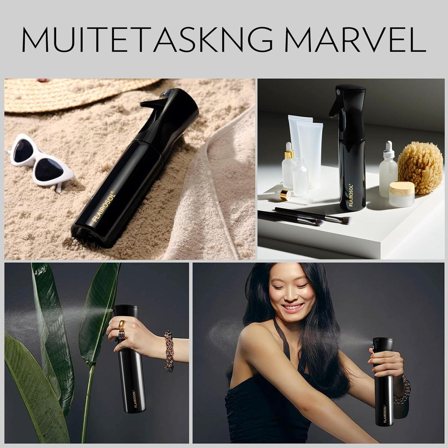 FLAIROSOL Spray Bottle for Hair, Continuous Spray Bottle with 0.3MM Ultra Fine Mist, Water Mister for Hairstyling, Cleaning, Plants, Pets, 10.1oz/300ml, Black Bottle, Gold Print