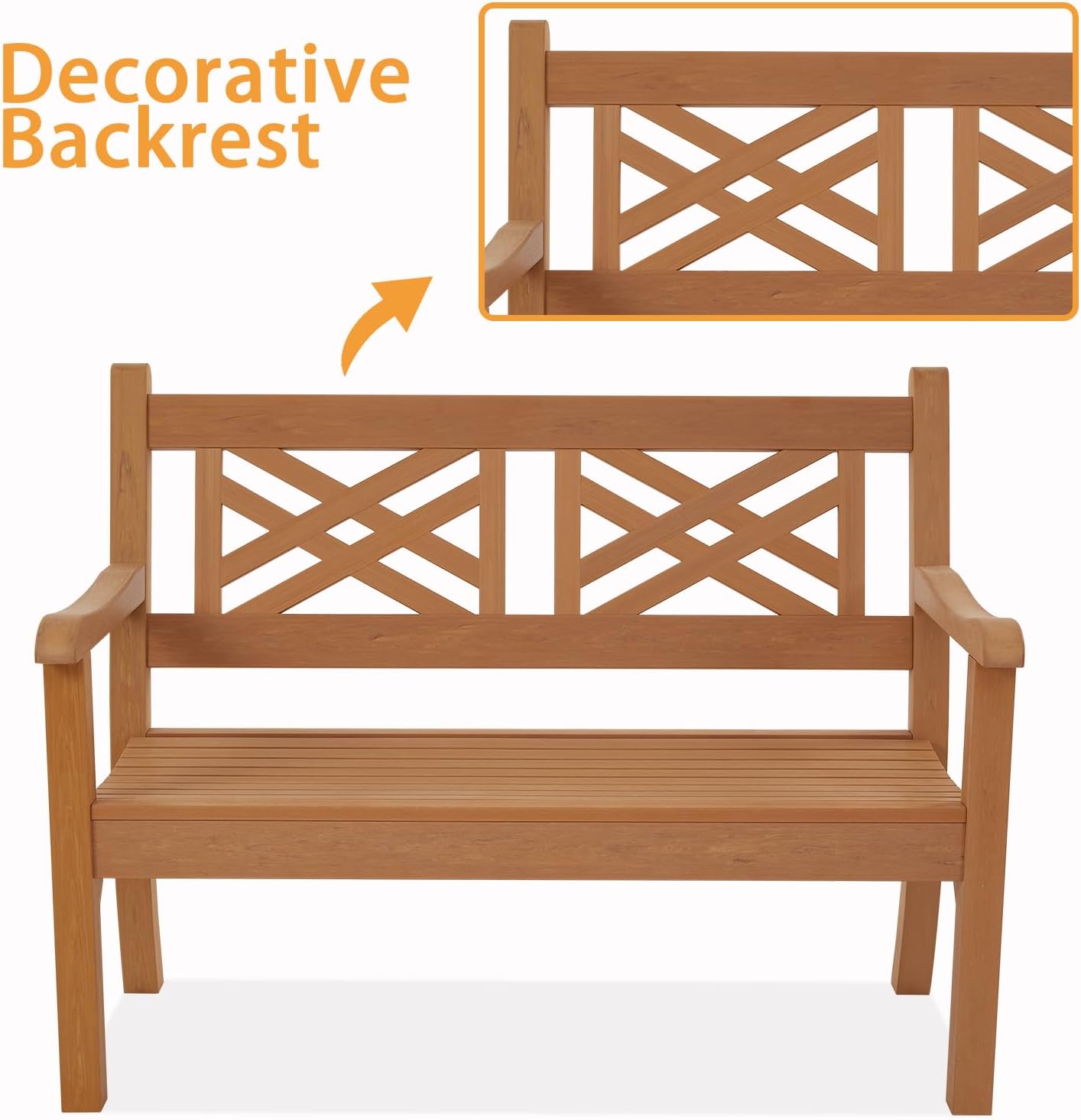 Psilvam 49''W All-Weather Poly Lumber Outdoor Bench – Grey, 2-Person Garden Bench with Decorative Backrest & Curved Armrests, Anti-Fade Patio Bench for Porch, Backyard, and Park(Teak Color)