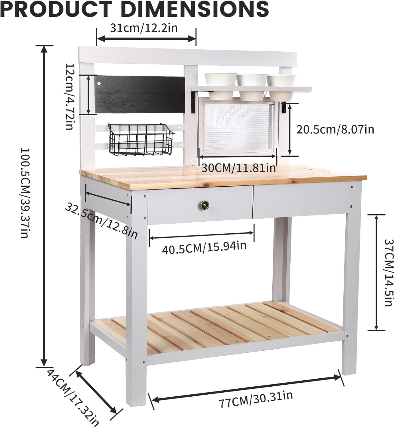 Potting Bench Outdoor Potting Table—All-Weather Kids Solid Wood Garden Work Station with Sink、Drawer、Hooks、3Flower Pots, Weather Proof (White Grey, Large)