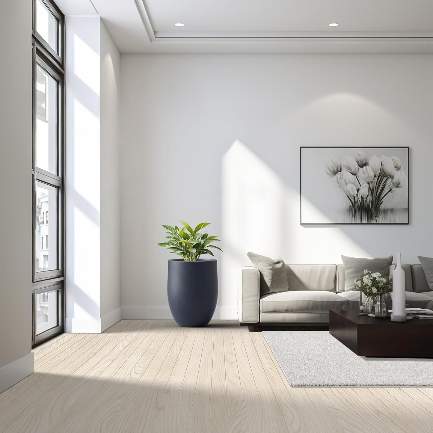 Kante 21.7 Inch Tall Concrete Planter, Large Indoor Outdoor Plant Pot with Drainage, Smooth Charcoal Finish with Warm Brown Interior, Ideal for Porch, Home, Garden, Patio