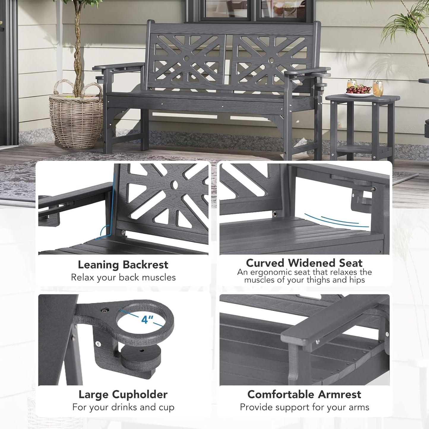 Oversized Outdoor Bench with Cup Holders, 51.5” HDPE Aesthetic Garden Bench for 2 Person, Memorial Benches - Easy Assembly & All Weather, for Porch & Patio, 800lbs Load Capacity (Grey, 1pc)