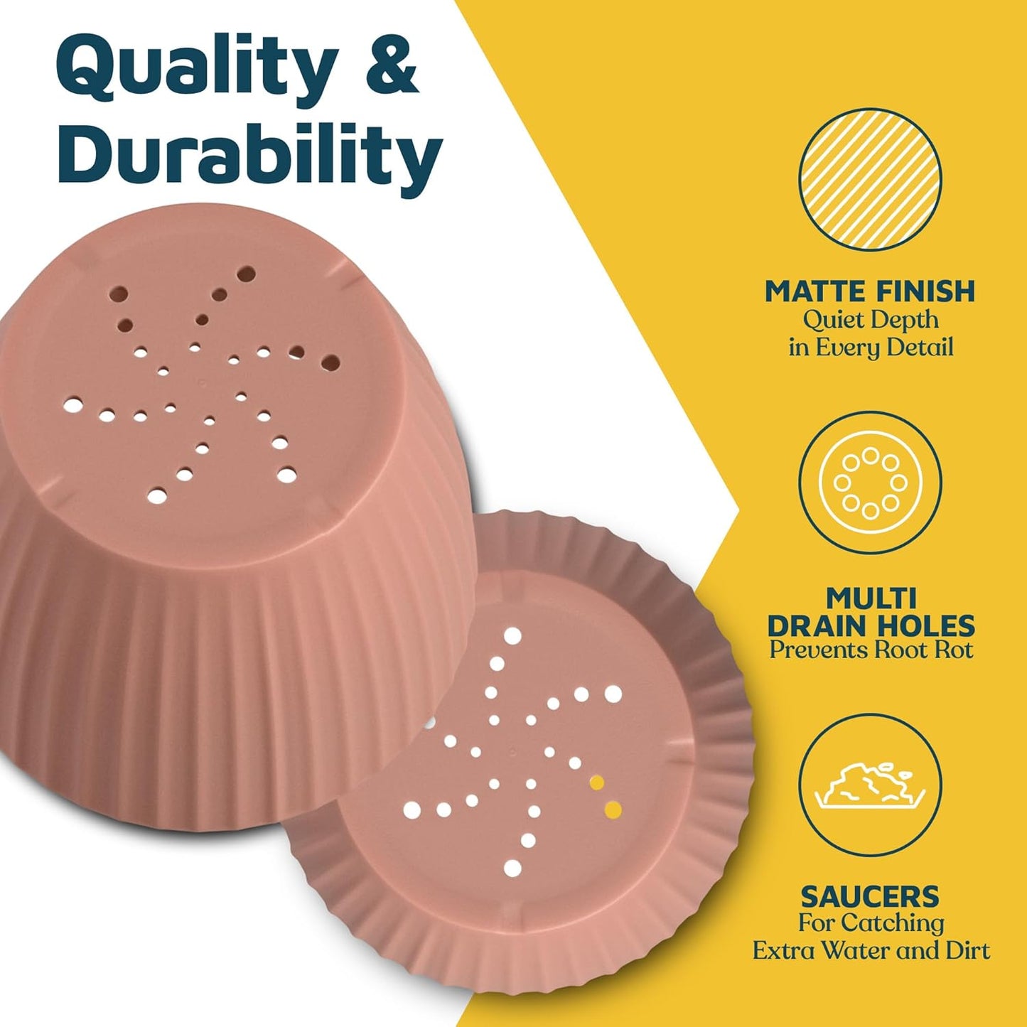 Pink 6-Inch Plant Pots with Drainage & Saucers 3 Pack, Indoor & Outdoor Planters for Houseplants, Herbs, and Flowers, Durable & Weatherproof Material, Stackable, Lightweight, Minimalist Design