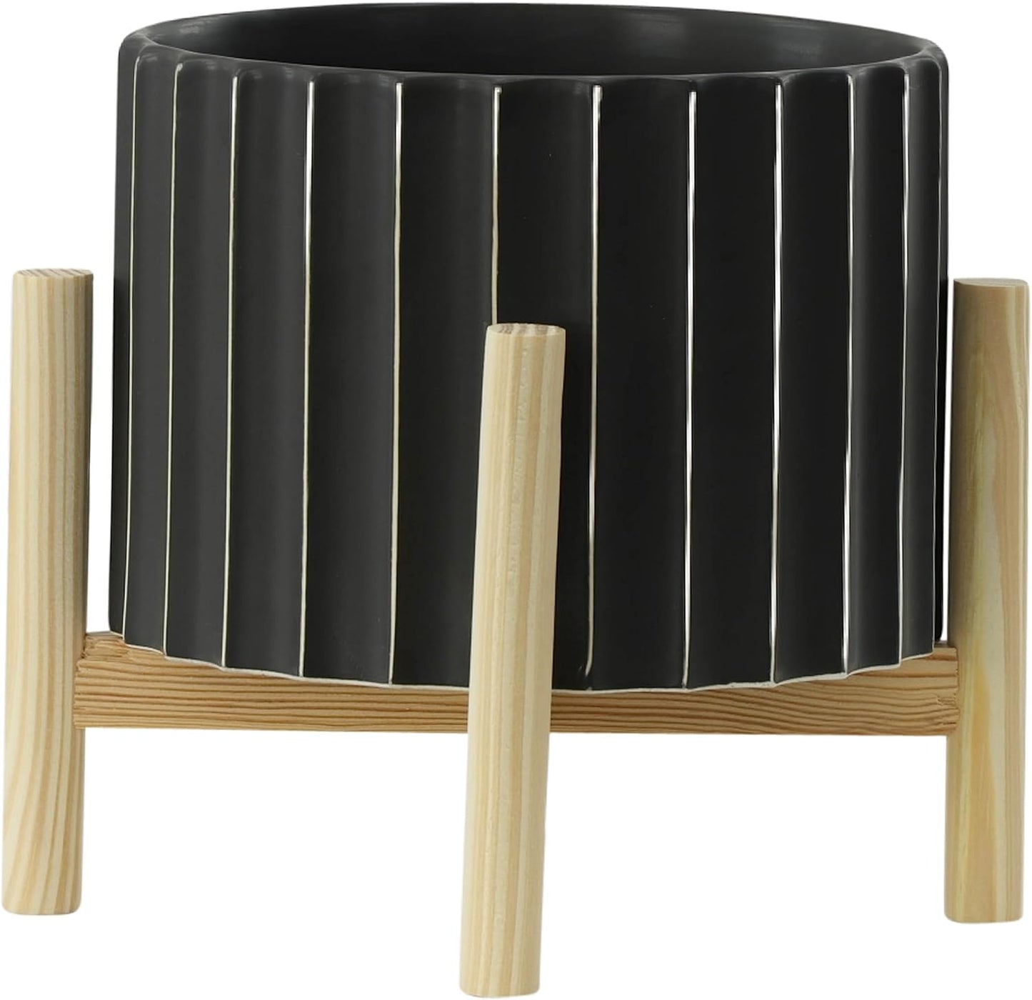 Ceramic Planter with Pine Wood Stand – Plant Pot – Durable Stoneware Planter for Indoor Outdoor Use – Modern Minimalist Plant Holder for Home Decor, Living Room, Garden, Balcony – 9", Black Fluted